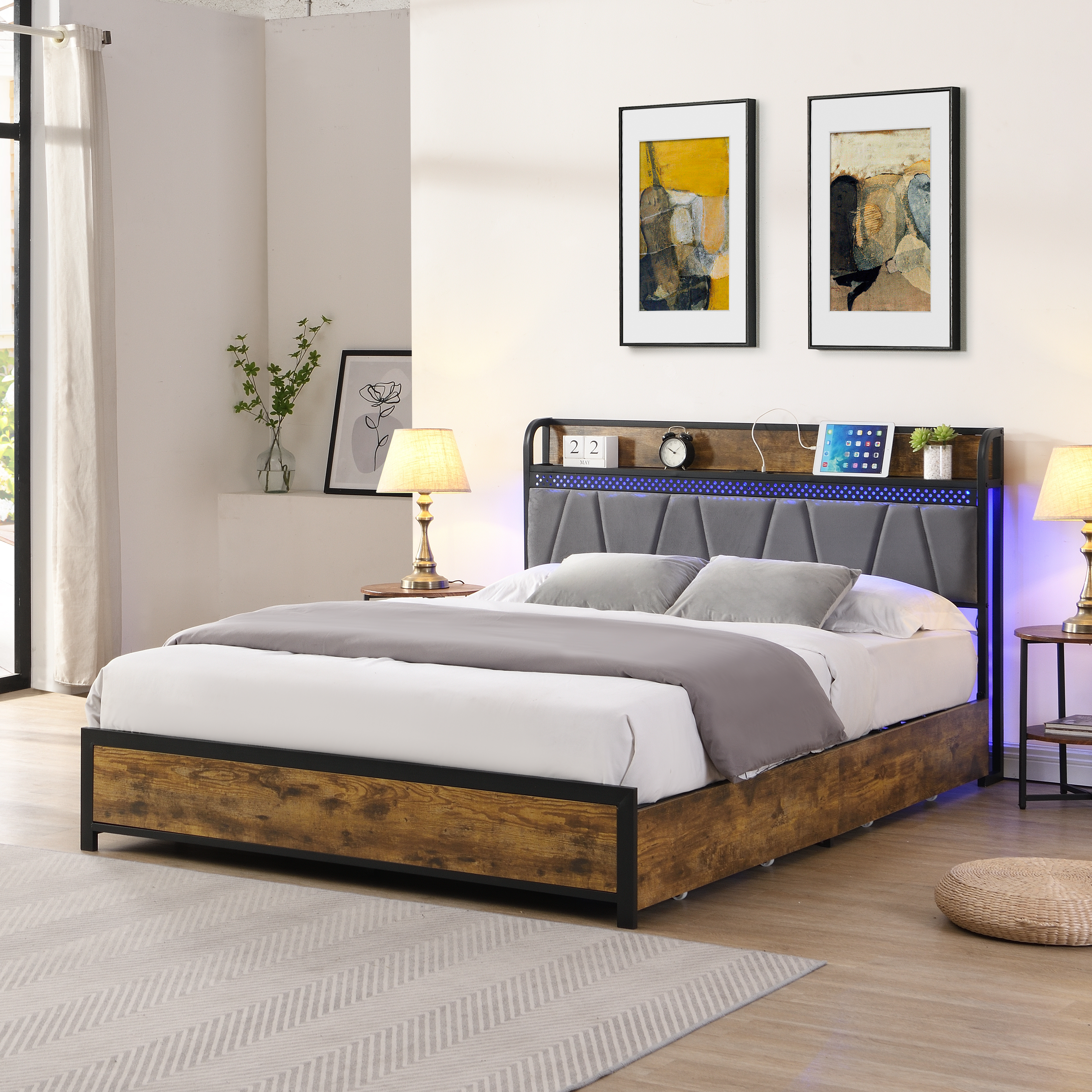 Full Size Bed Frame, Storage Headboard with Charging Station and 4 Storage Drawers,LED Lights , Brown and and Gray