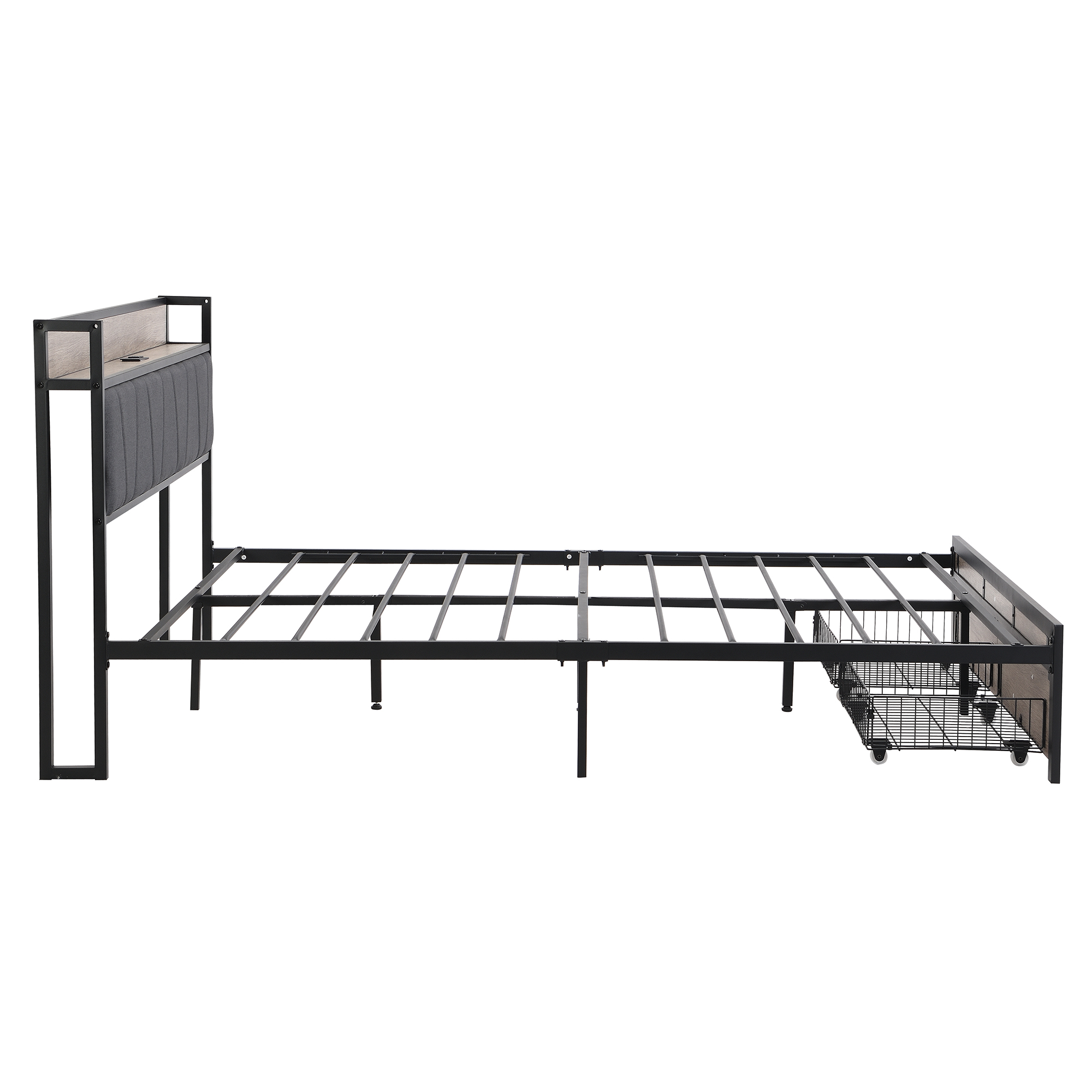 FULL Size Metal Platform Bed Frame with upholstery storage function Headboard and USB LINER and Footboard with drawers, No Box Spring Needed, Large Under Bed Storage, Easy Assemble