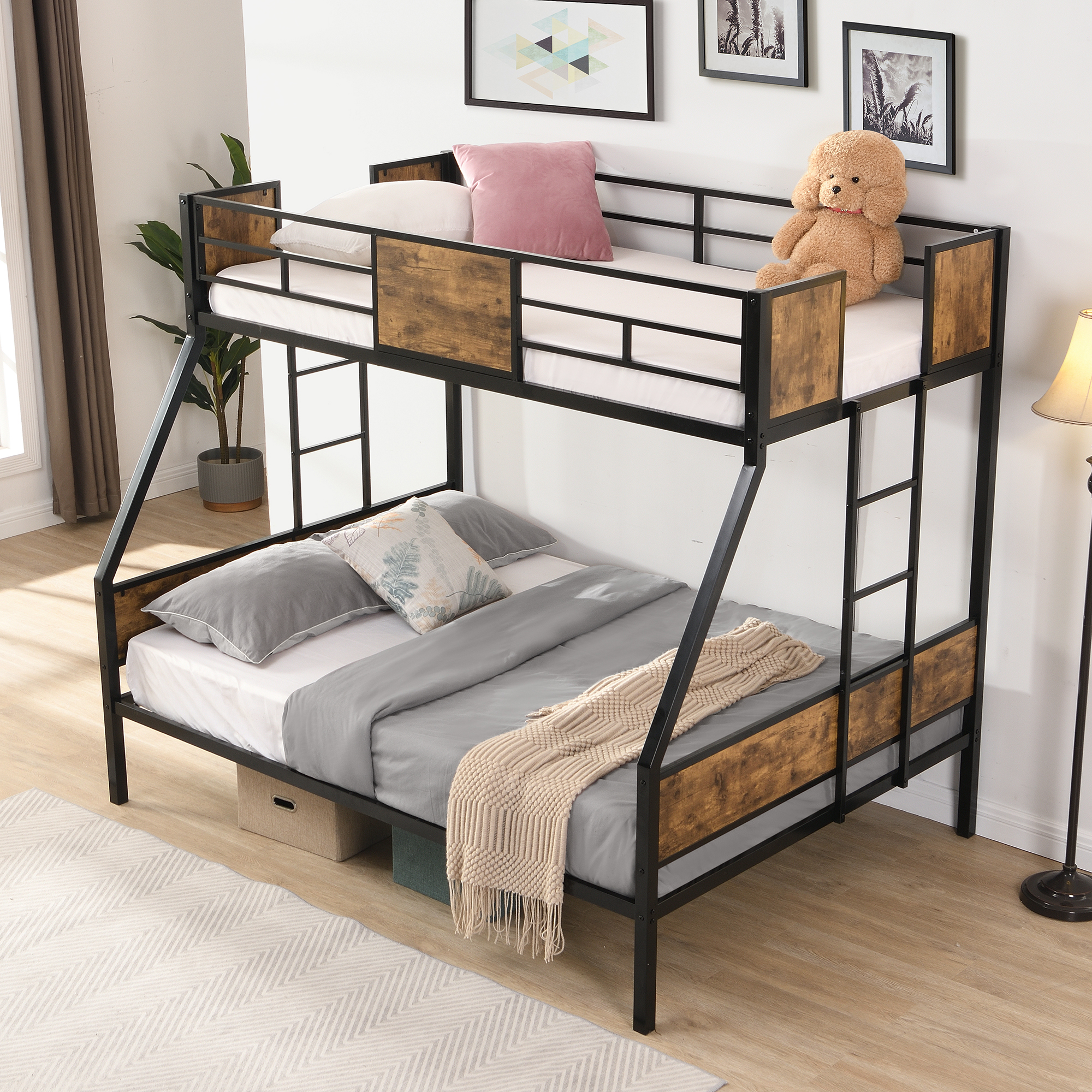 Twin Over FULL Metal Bunk Bed with 2 - Side Ladder and Full-Length Guardrail, No Box Spring Needed, Large Under Bed Storage, Easy Assemble , Black & Brown