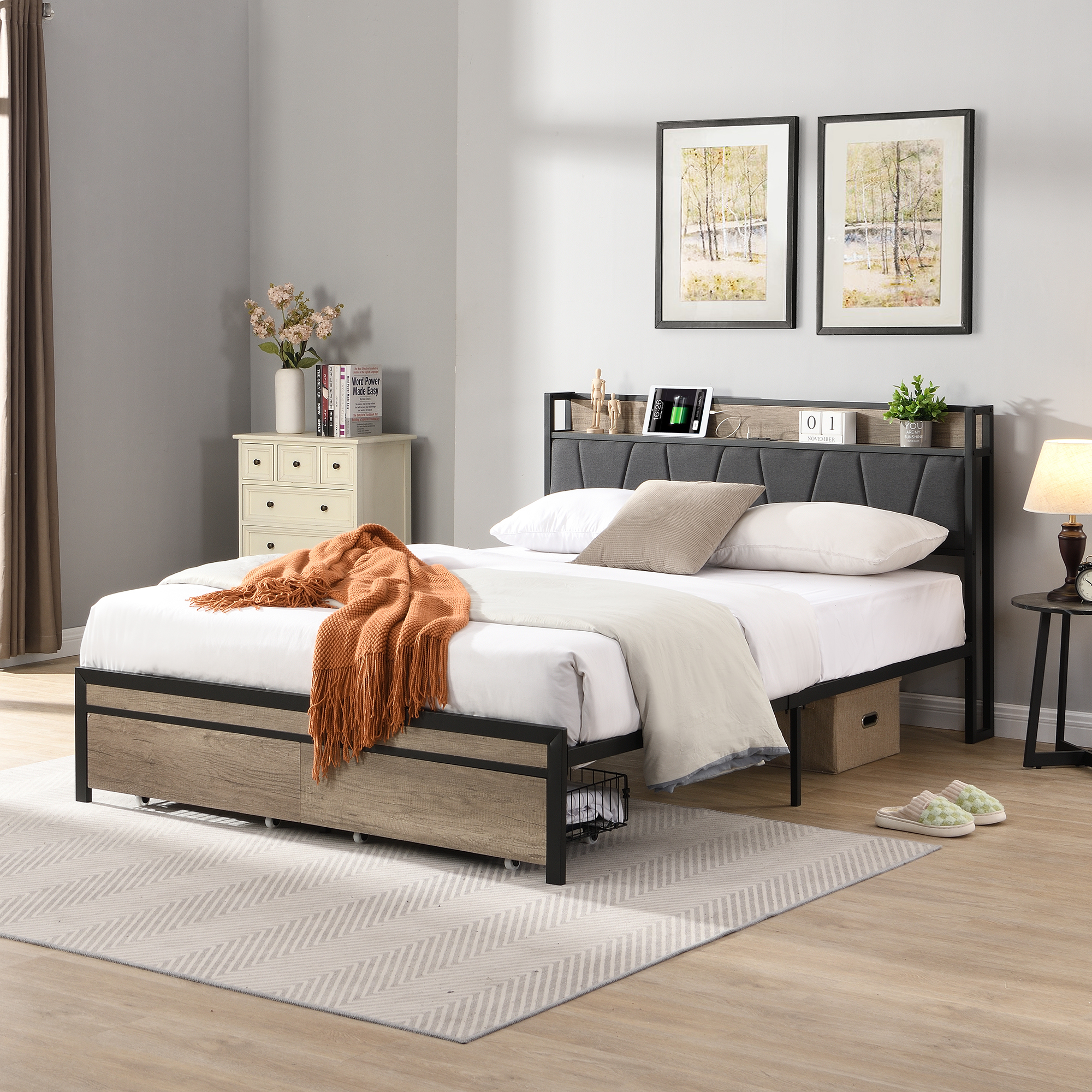 FULL Size Metal Platform Bed Frame with upholstery storage function Headboard and USB LINER and Footboard with drawers, No Box Spring Needed, Large Under Bed Storage, Easy Assemble