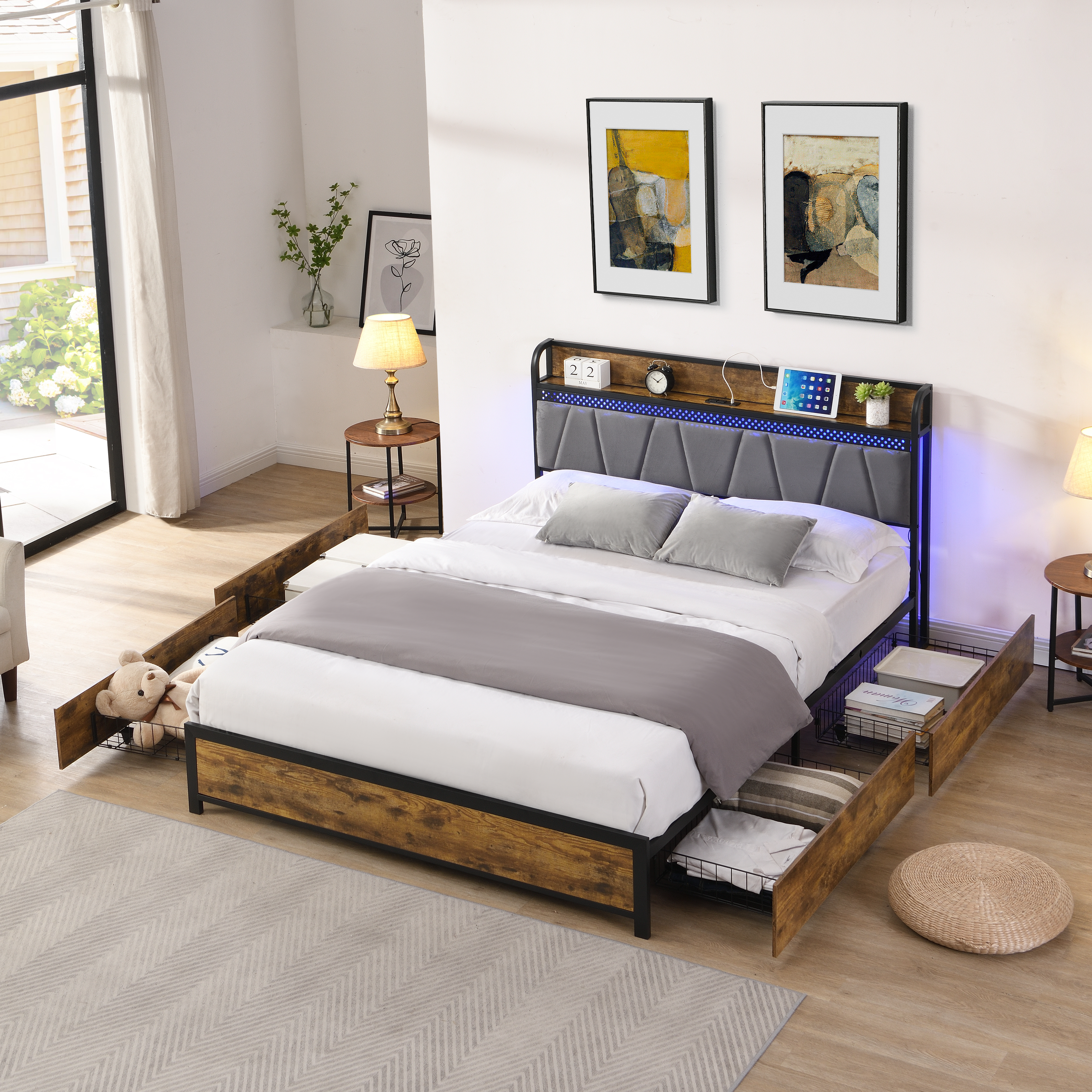 Queen Size Bed Frame, Storage Headboard with Charging Station and 4 Storage Drawers,LED Lights , Brown and and Gray