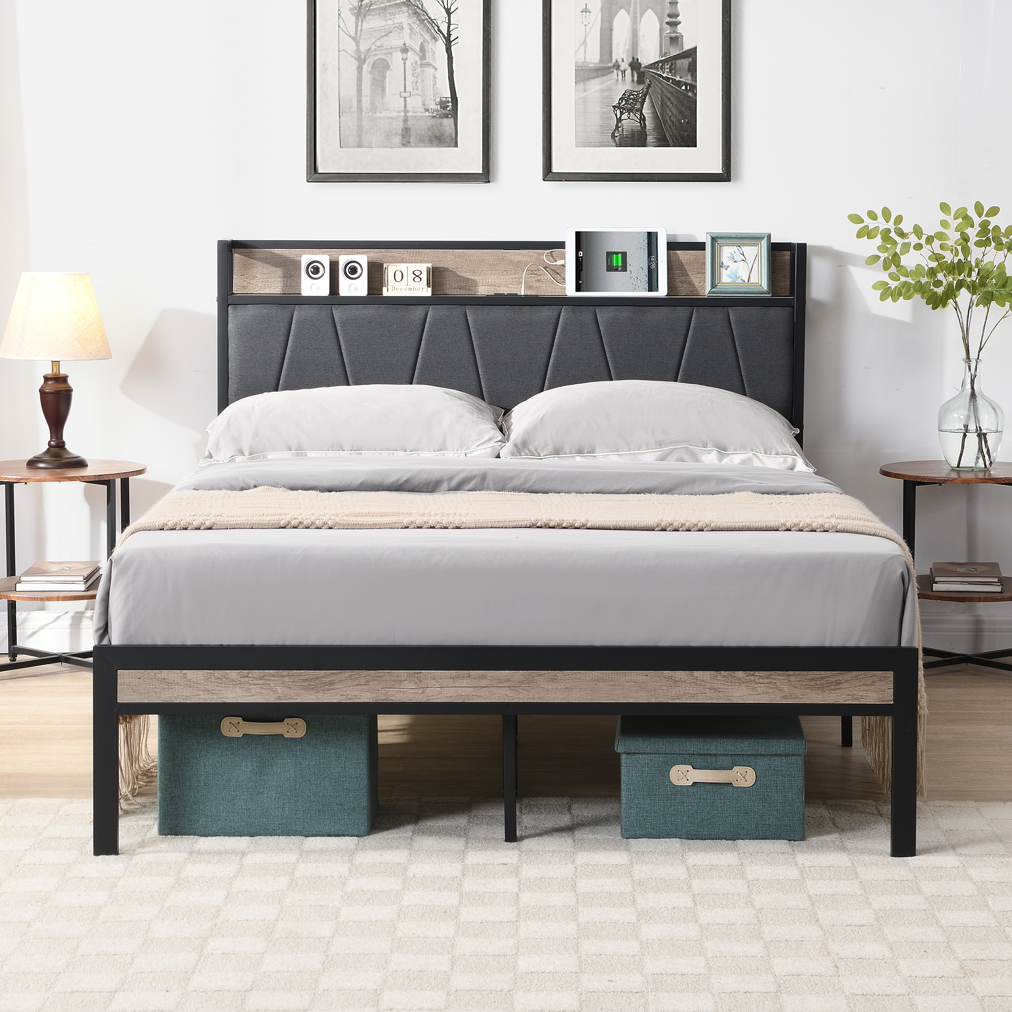 Full Size Metal Platform Bed Frame with upholstery storage function Headboard and USB LINER and Footboard , No Box Spring Needed, Large Under Bed Storage, Easy Assemble