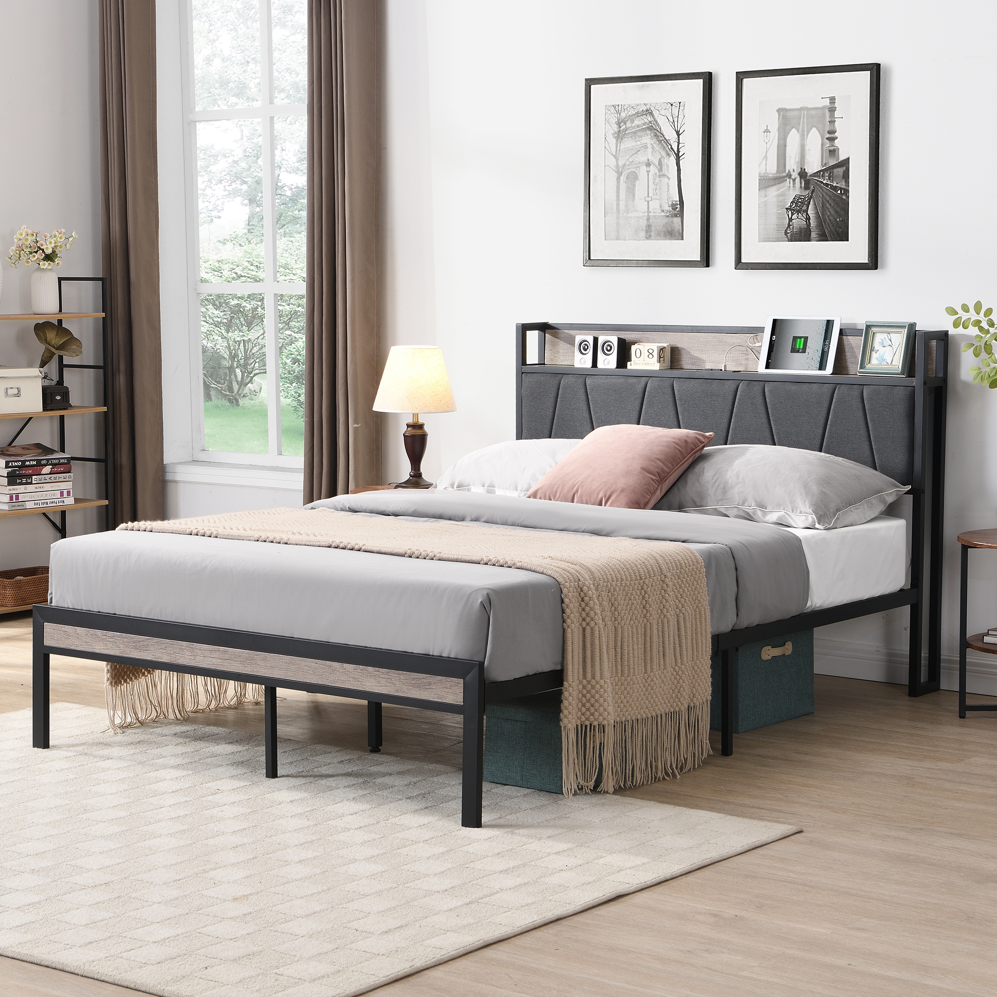 Full Size Metal Platform Bed Frame with upholstery storage function Headboard and USB LINER and Footboard , No Box Spring Needed, Large Under Bed Storage, Easy Assemble