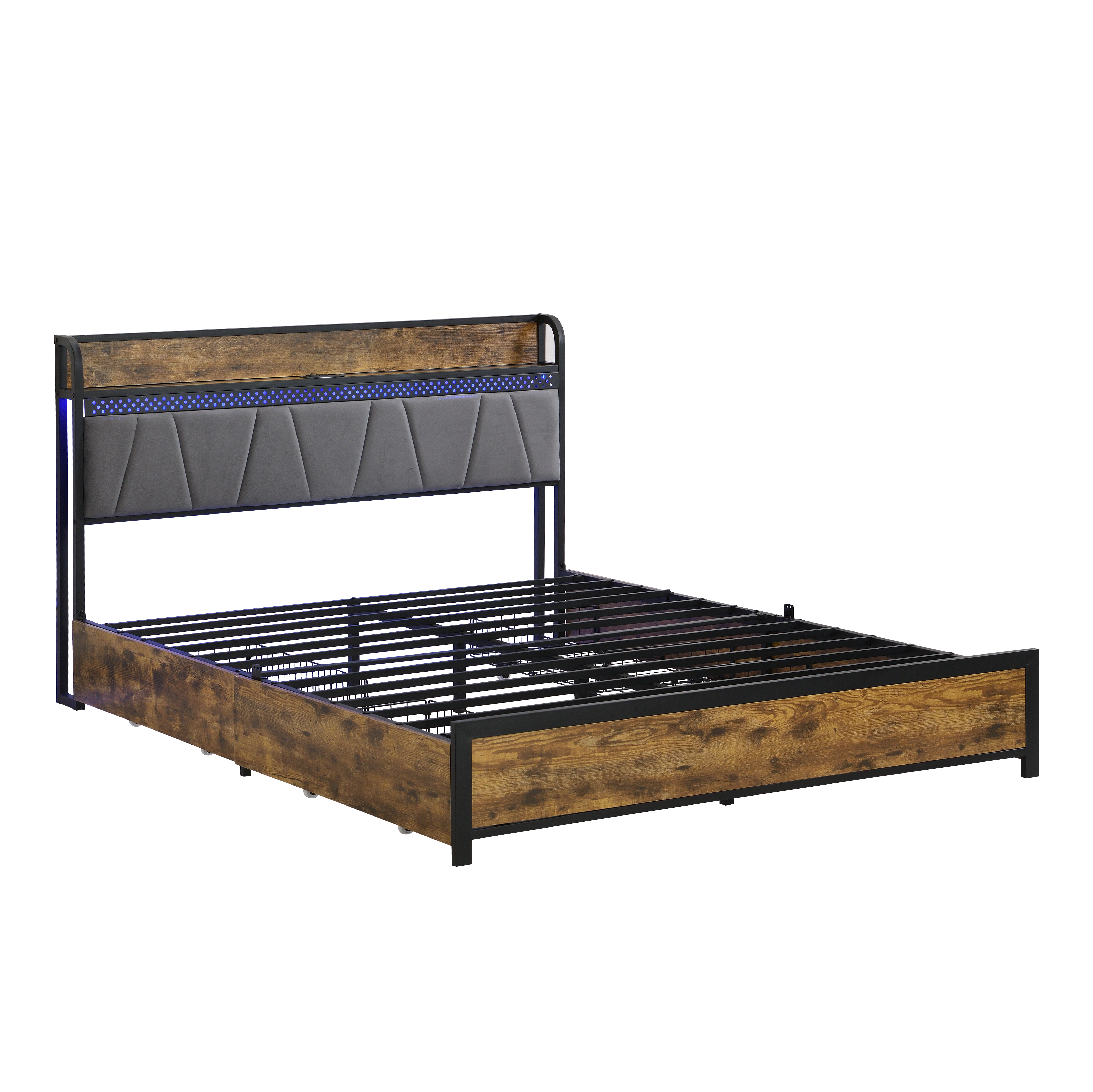 Full Size Bed Frame, Storage Headboard with Charging Station and 4 Storage Drawers,LED Lights , Brown and and Gray