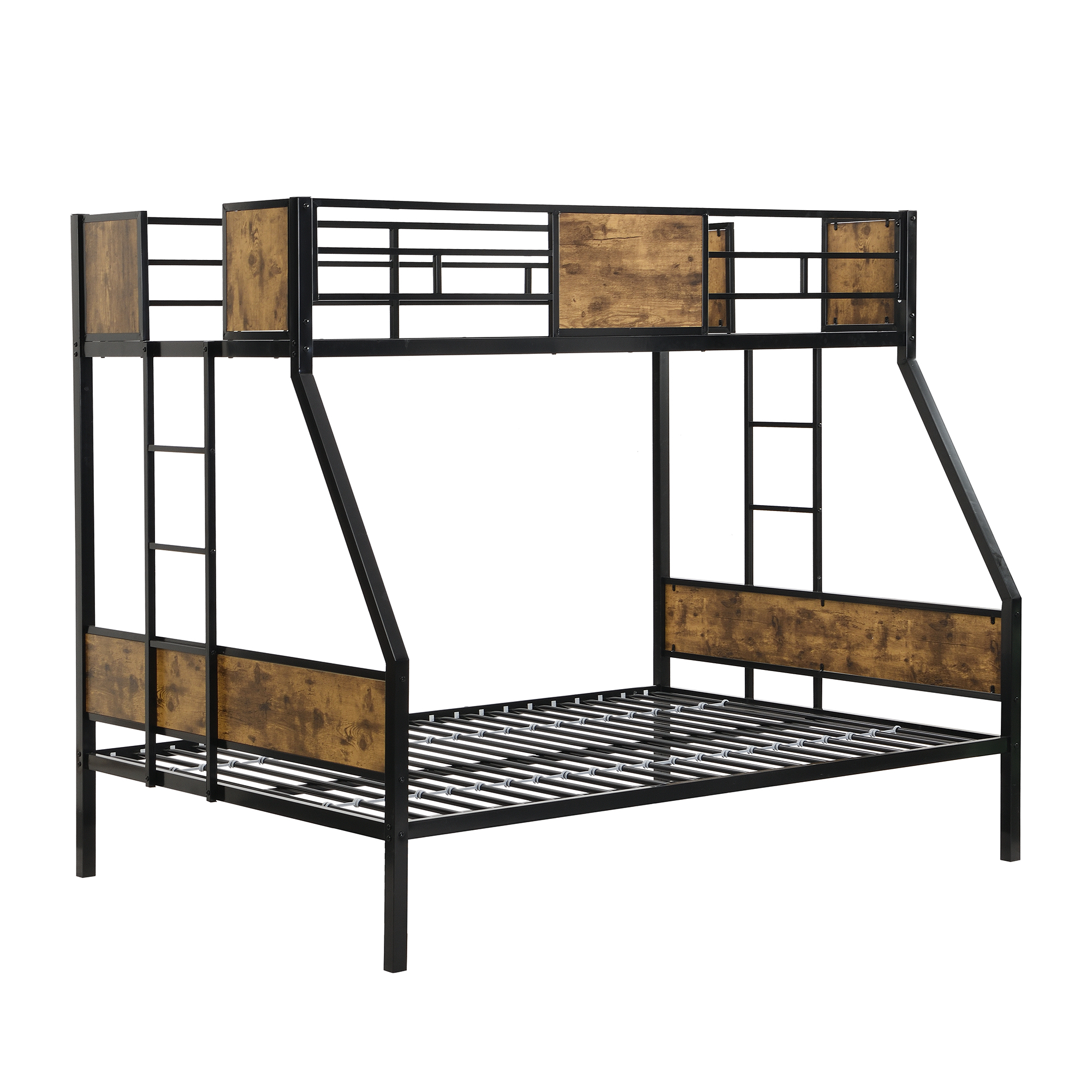 Twin Over FULL Metal Bunk Bed with 2 - Side Ladder and Full-Length Guardrail, No Box Spring Needed, Large Under Bed Storage, Easy Assemble , Black & Brown