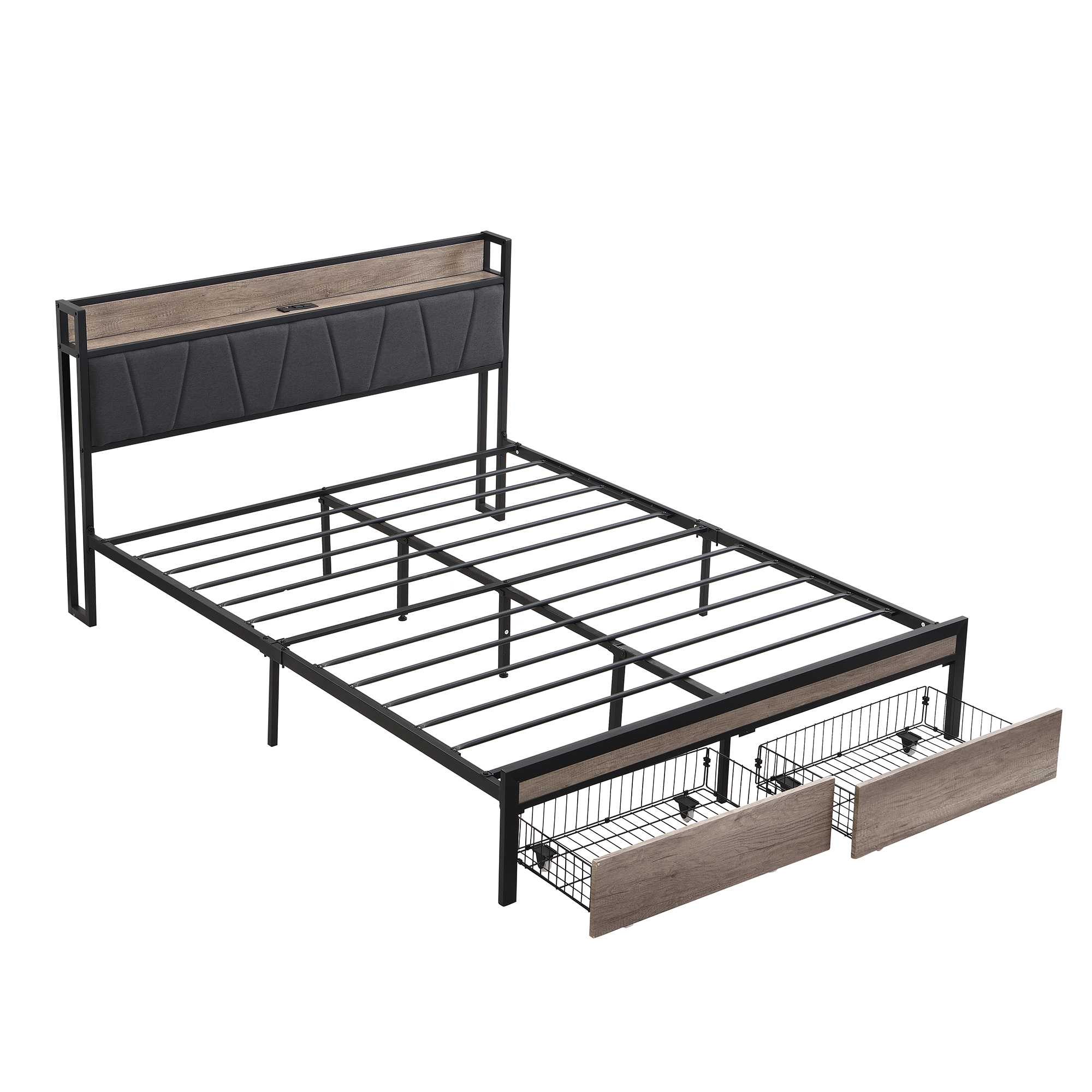 FULL Size Metal Platform Bed Frame with upholstery storage function Headboard and USB LINER and Footboard with drawers, No Box Spring Needed, Large Under Bed Storage, Easy Assemble