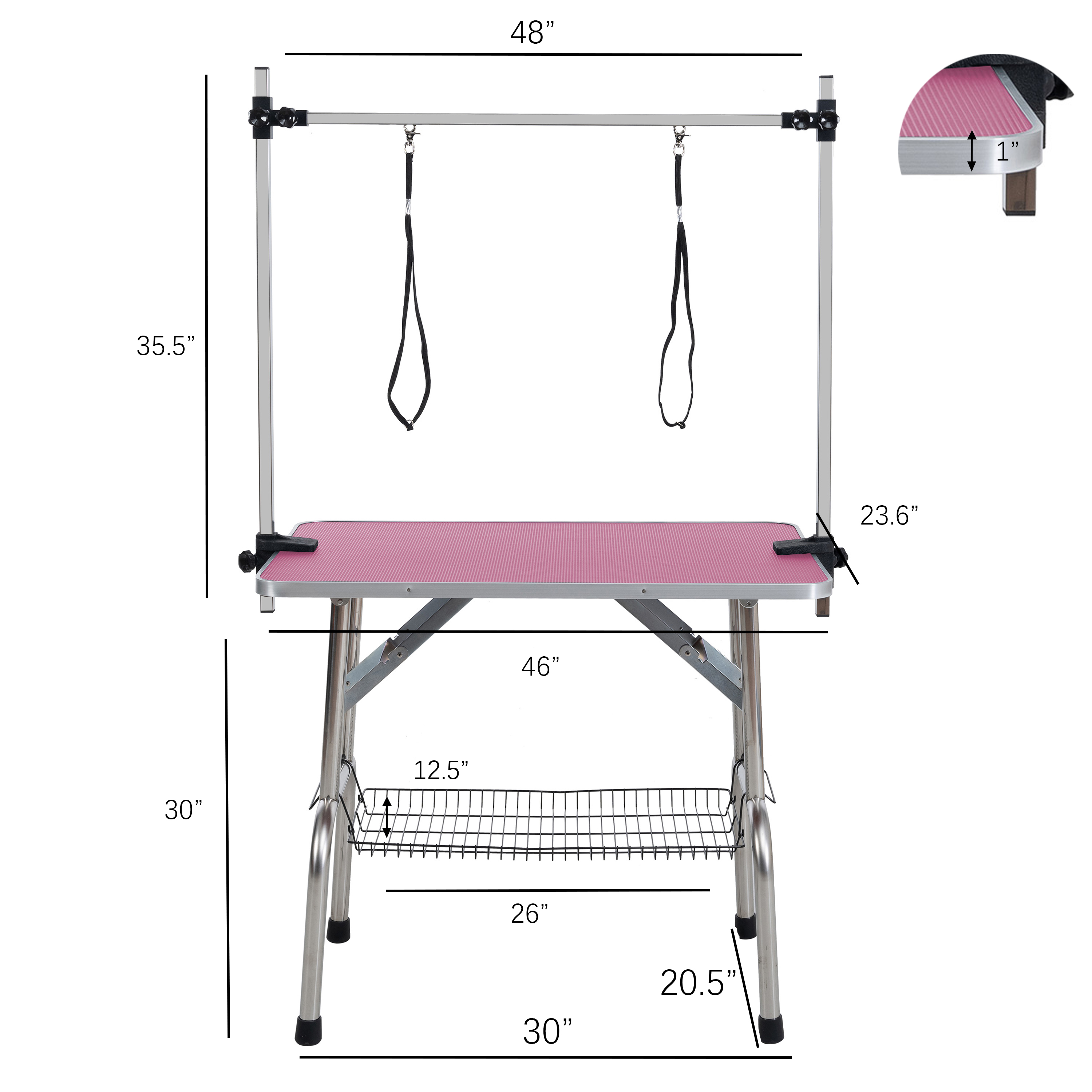 46" Folding Dog Pet Grooming Table Stainless Steel Frame Rubber Mat on Board with Adjustable Arm and Clamps pet dog Cat Grooming Table (PINK COLOR)