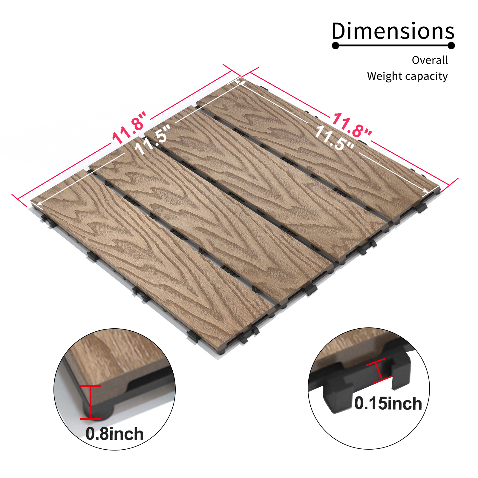 Patio Floor Tiles Pack of 22  WPC Wood-Plastic Composite Patio Deck Tiles DIY Interlocking Decking Tiles, Quick Deck Floor Tile, Court Tile, Water Resistant Indoor Outdoor -11.8" 3D TEAK