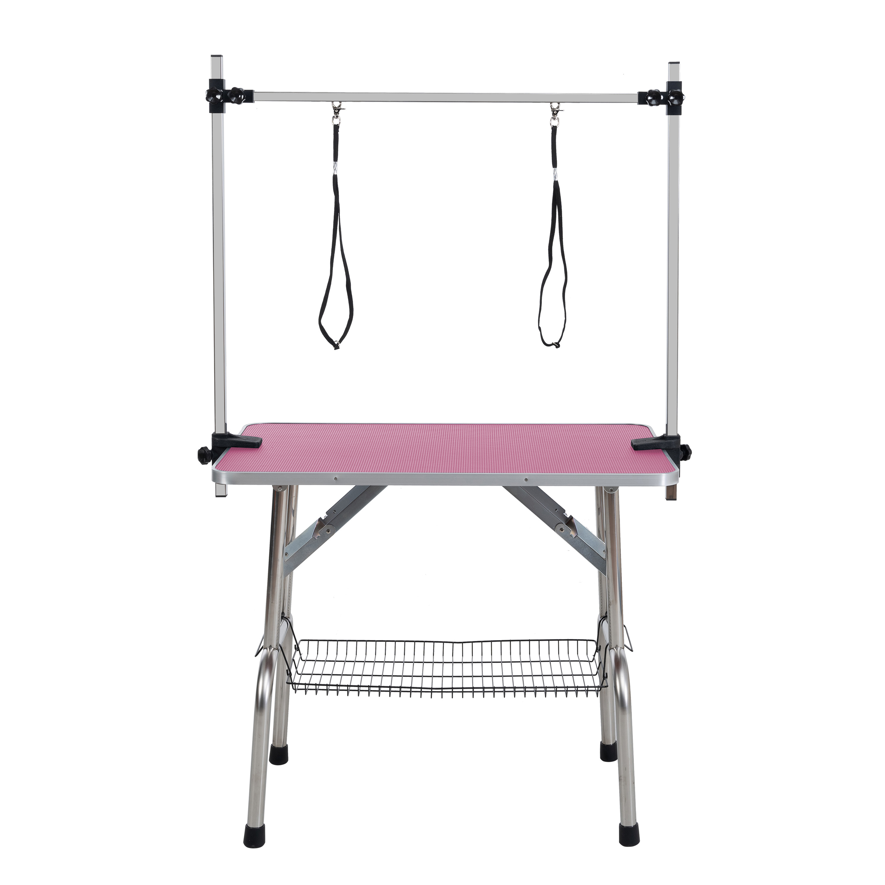 46" Folding Dog Pet Grooming Table Stainless Steel Frame Rubber Mat on Board with Adjustable Arm and Clamps pet dog Cat Grooming Table (PINK COLOR)