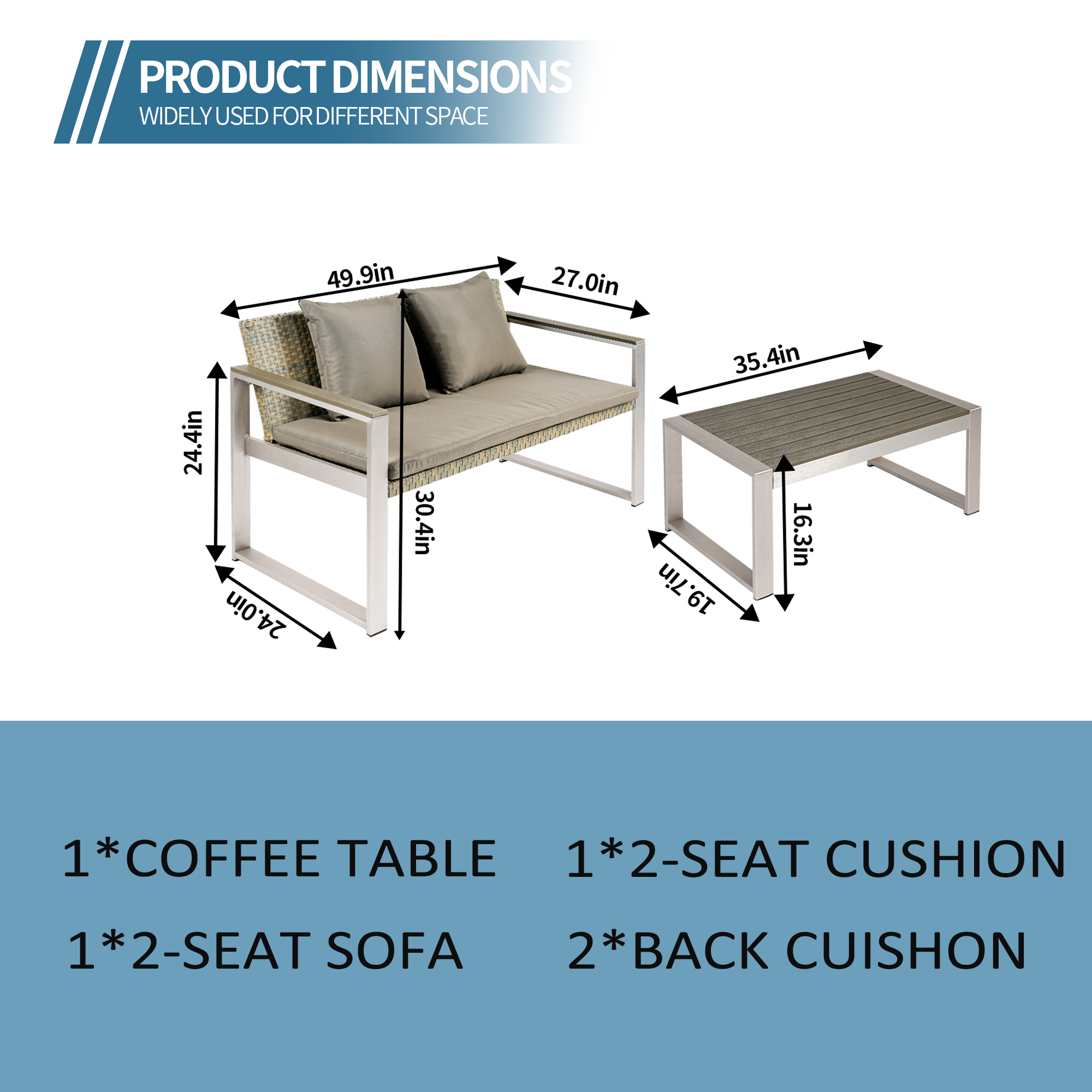 Full aluminum woven rattan double sofa+coffee table