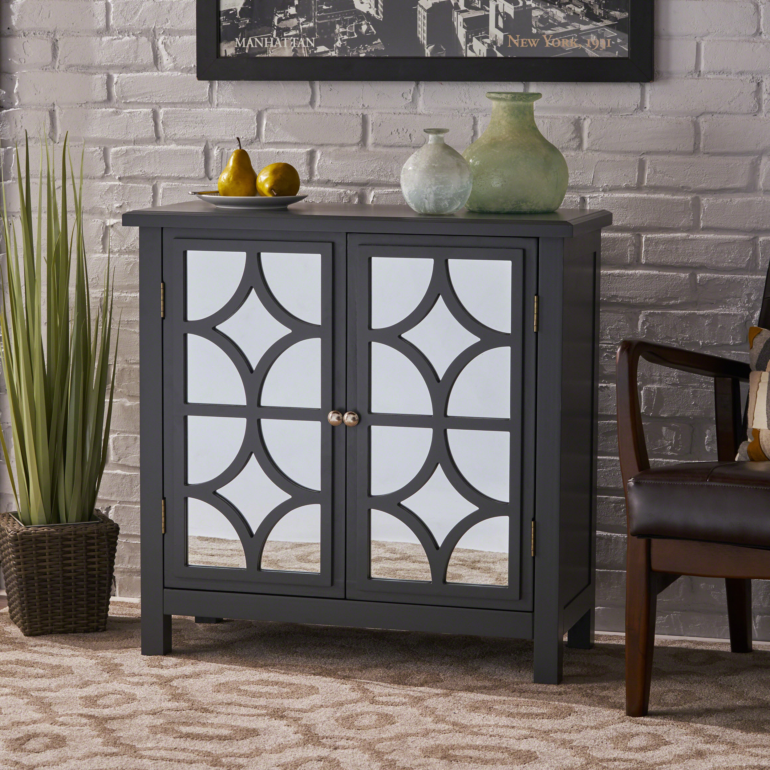 Firwood Mirror Finished Double Door Cabinet, Charcoal Grey