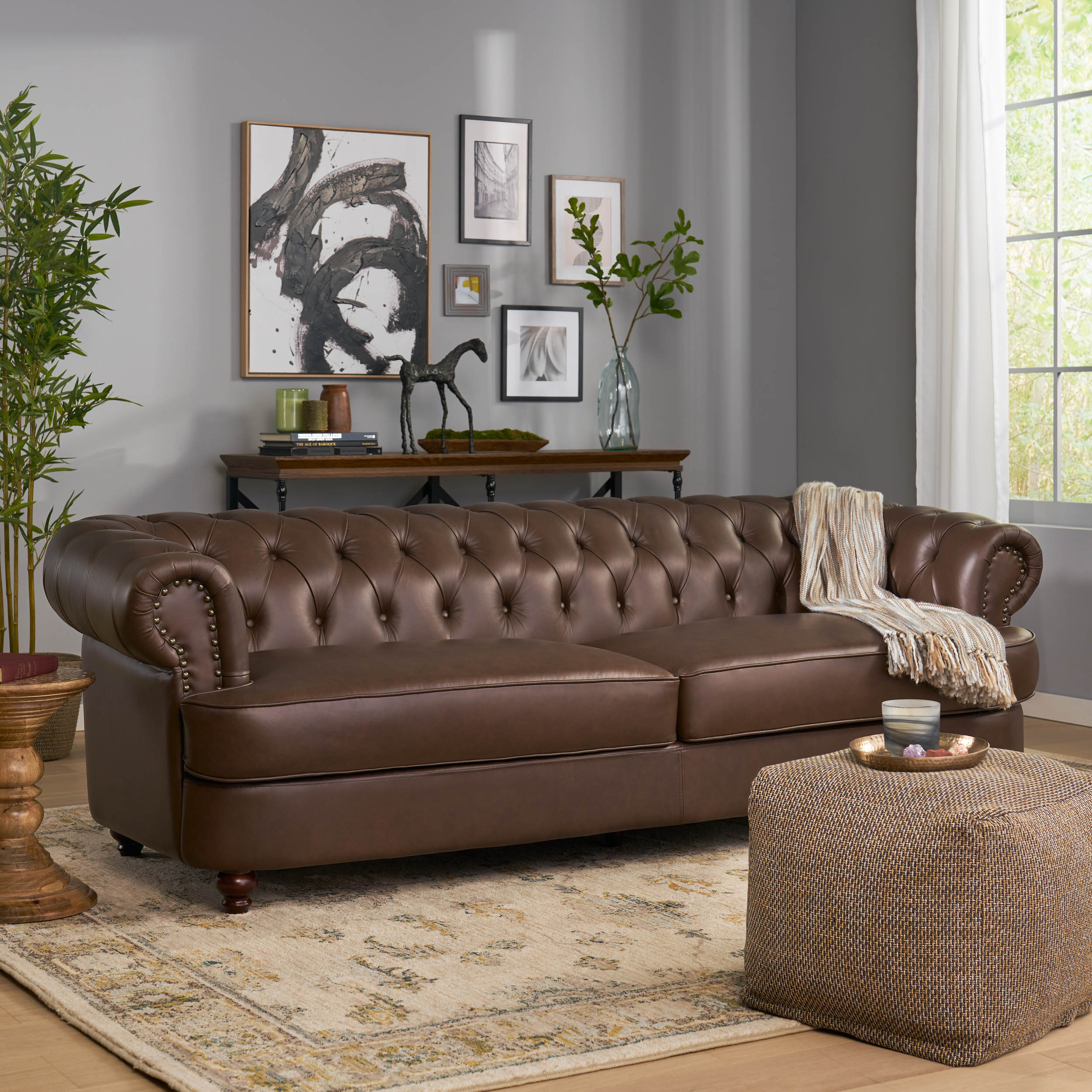 95'' Comfortable Dark Brown 2-Seater Sofa with Rolled Arms, Midcentury Modern 2 Seater Sofa Couch, Loveseat for Large Spaces, Living Room, Easy Tool-Free Assembly