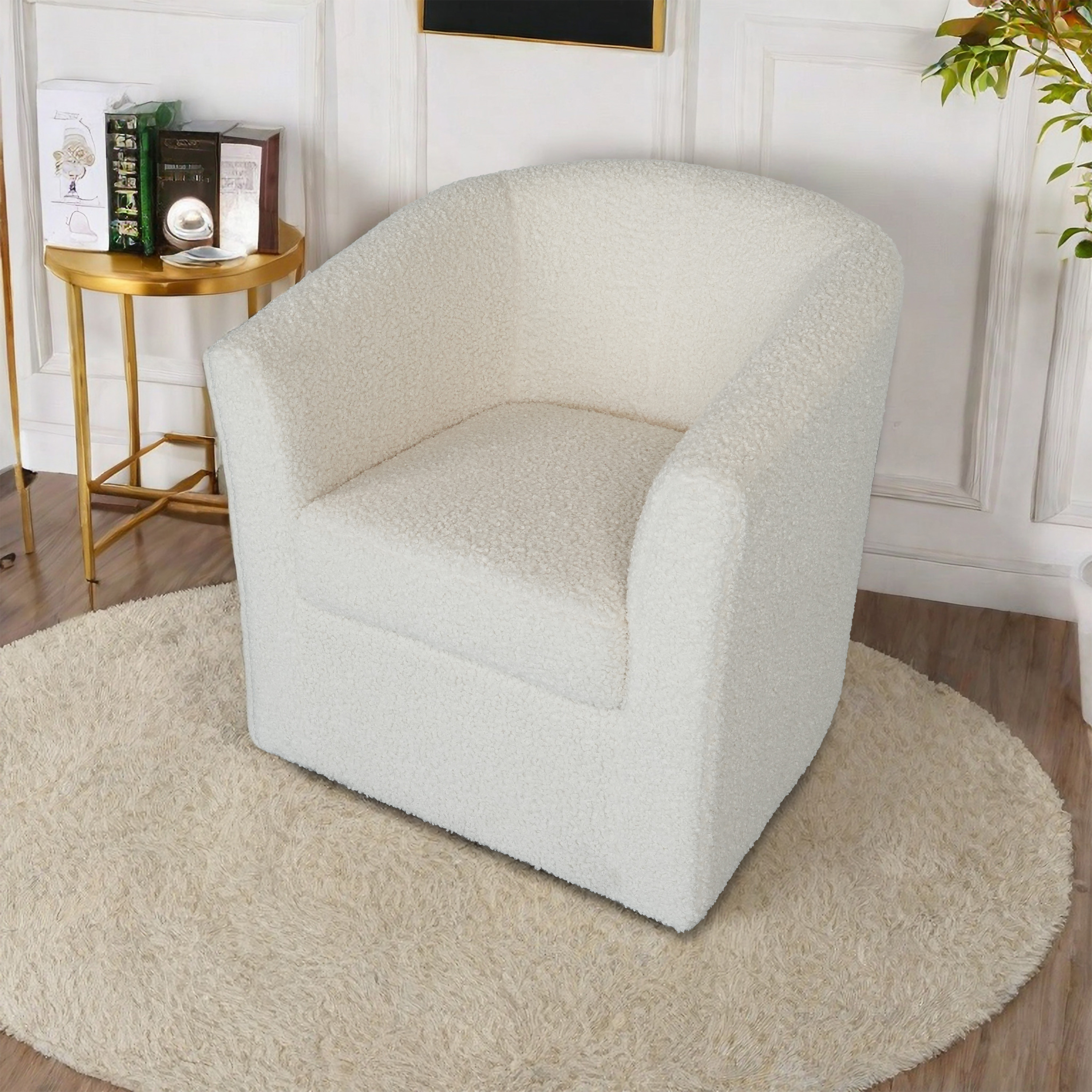 Teddy Velvet Swivel Chair, White, No Installation Required