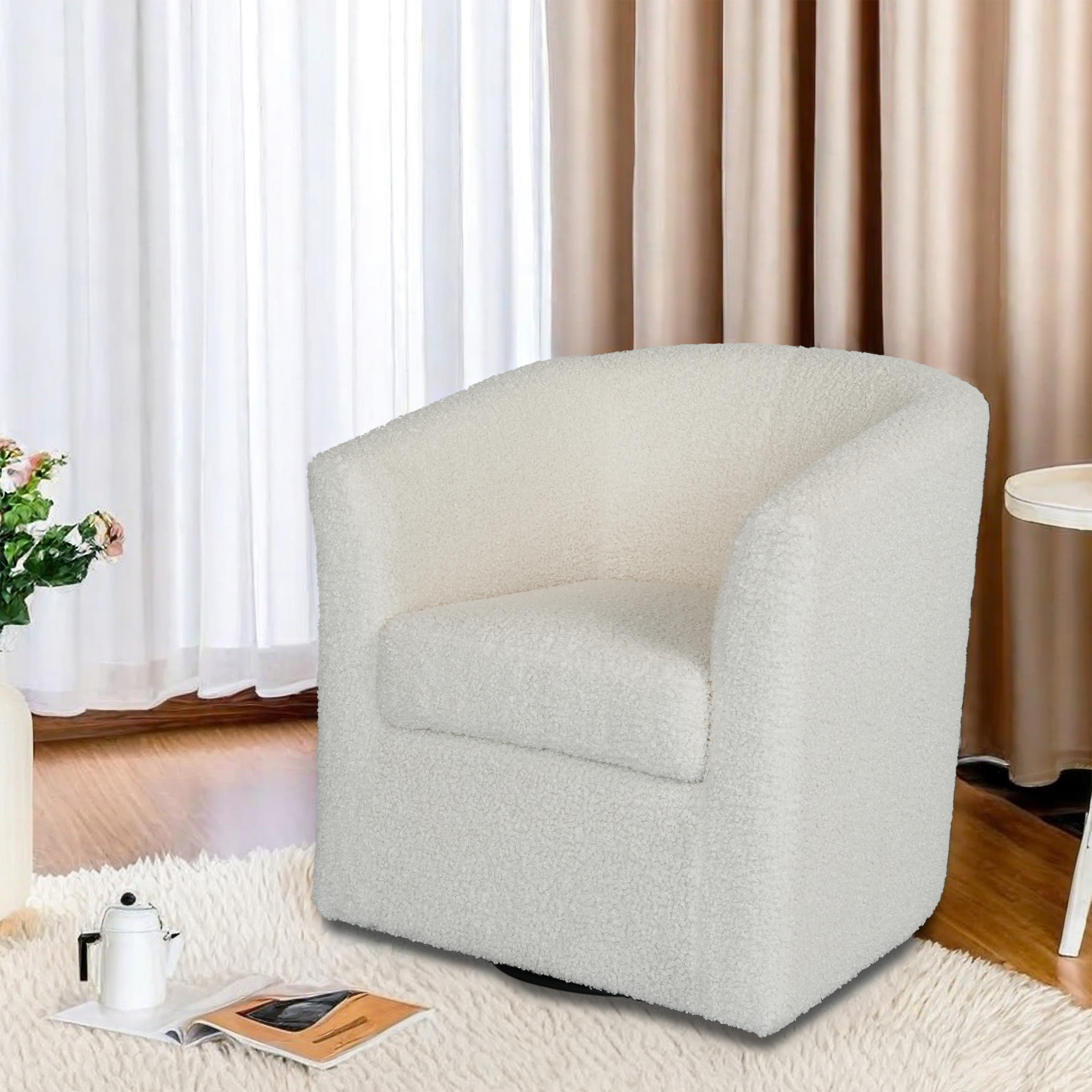 Teddy Velvet Swivel Chair, White, No Installation Required