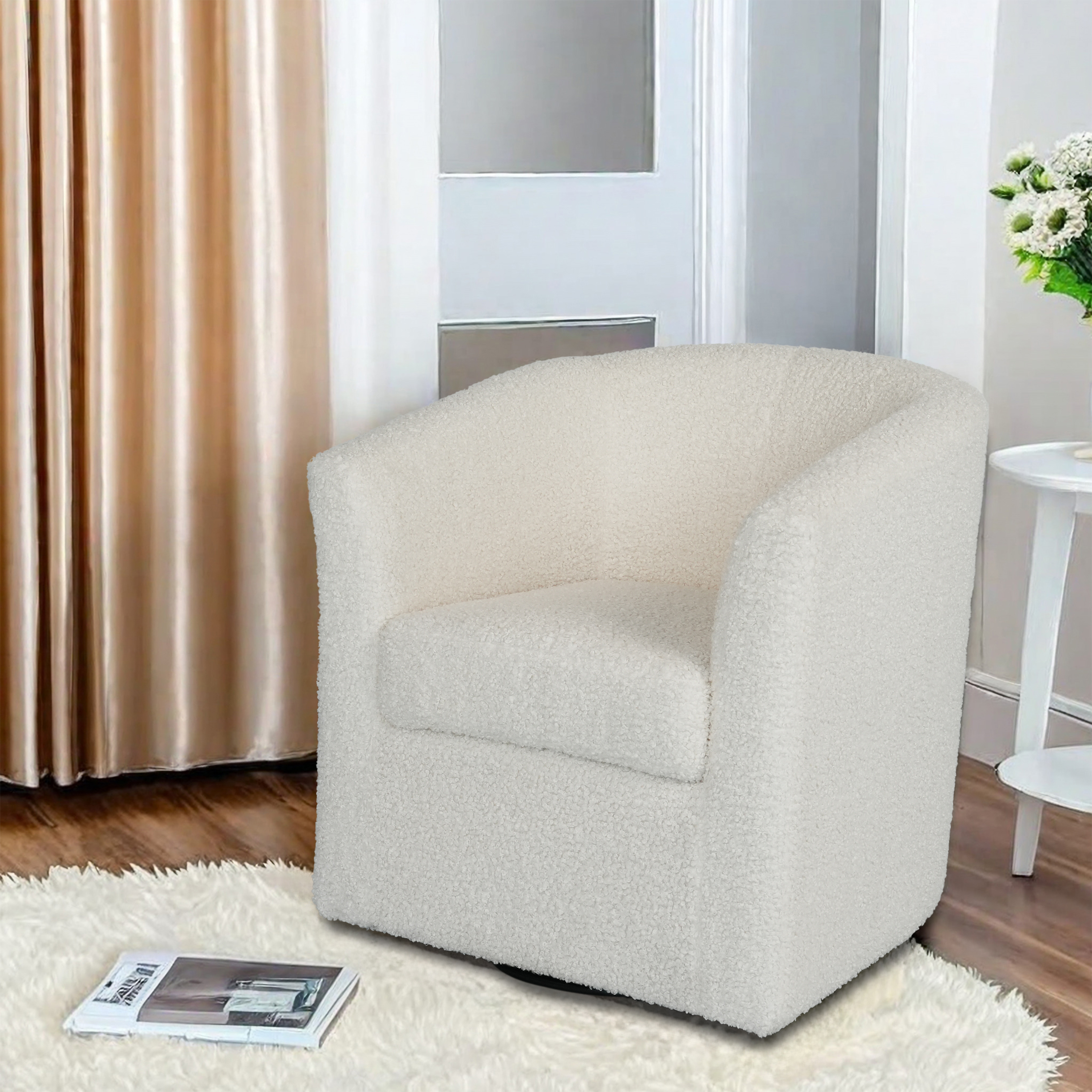 Teddy Velvet Swivel Chair, White, No Installation Required