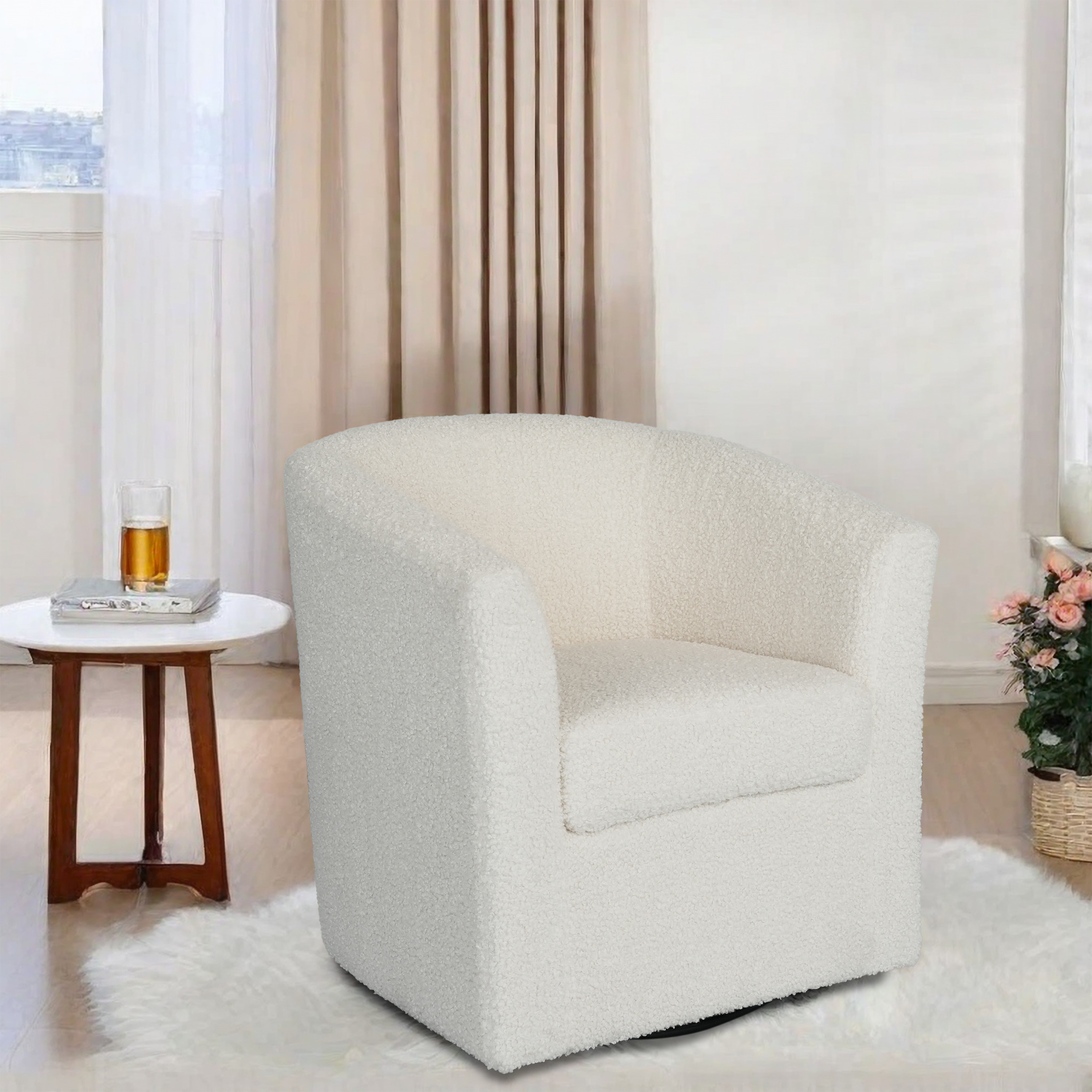 Teddy Velvet Swivel Chair, White, No Installation Required