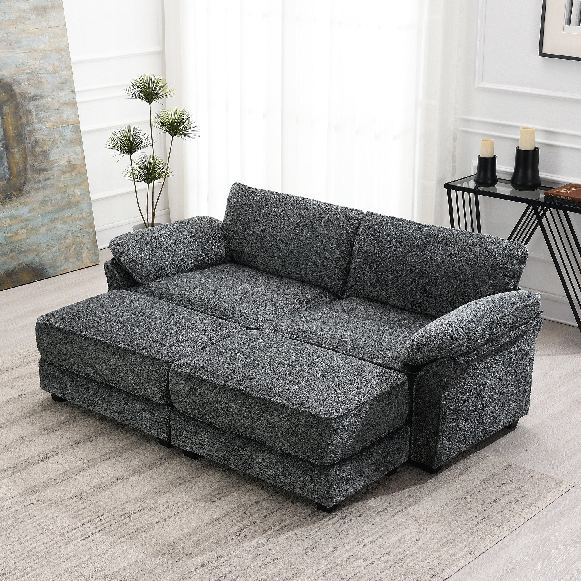 [VIDEO provided] [New] Free Combination Modular Convertible Sectional Sofa Bed Set, 4 Seat Upholstered Sleeper Corner Couch, Deep-Seat Loveseat with Ottoman for Living Room, Office, Apartment,2 Colors