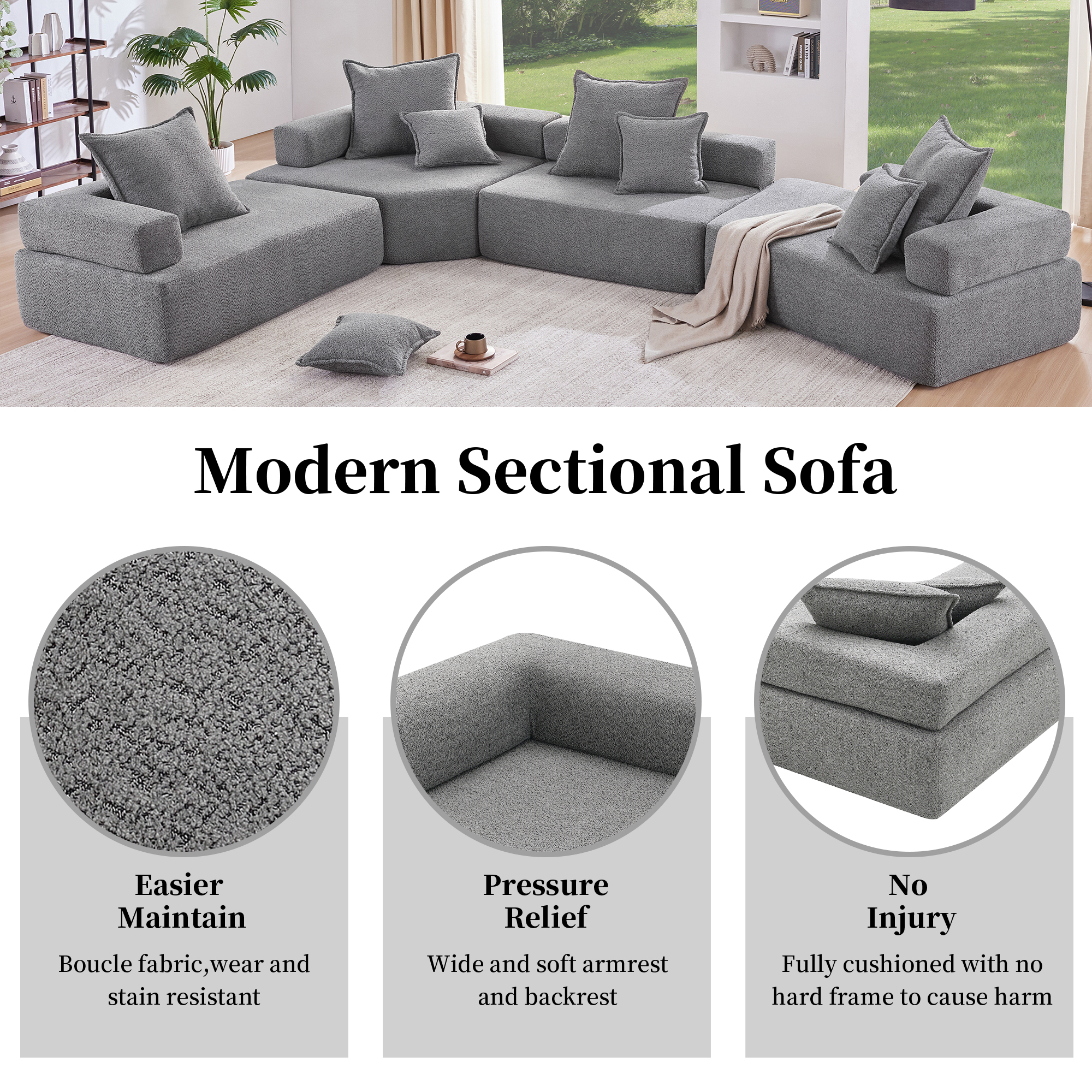 Lounge Frame for Oversized Modular U Shaped Sectional Sofa,Luxury Boucle Floor Couch Set,Convertible Sleeper Couch,Spacious Foam-Filled Sofa Bed for Living Room