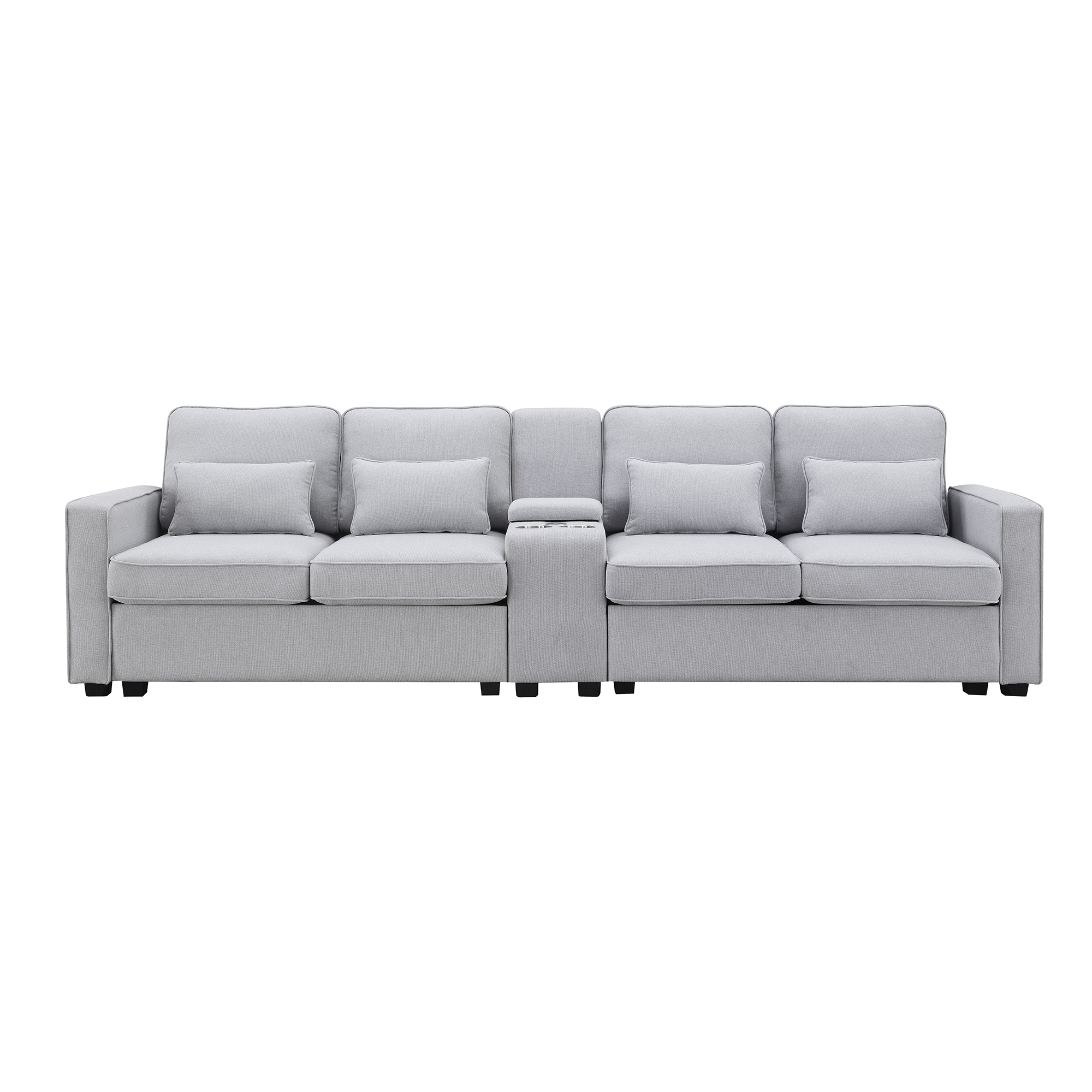 [VIDEO provided] [New] 114.2" Upholstered Sofa with Console, 2 Cupholders and 2 USB Ports Wired or Wirelessly Charged, Modern Linen Fabric Couches with 4 Pillows for Living Room, Apartment (4-Seat)