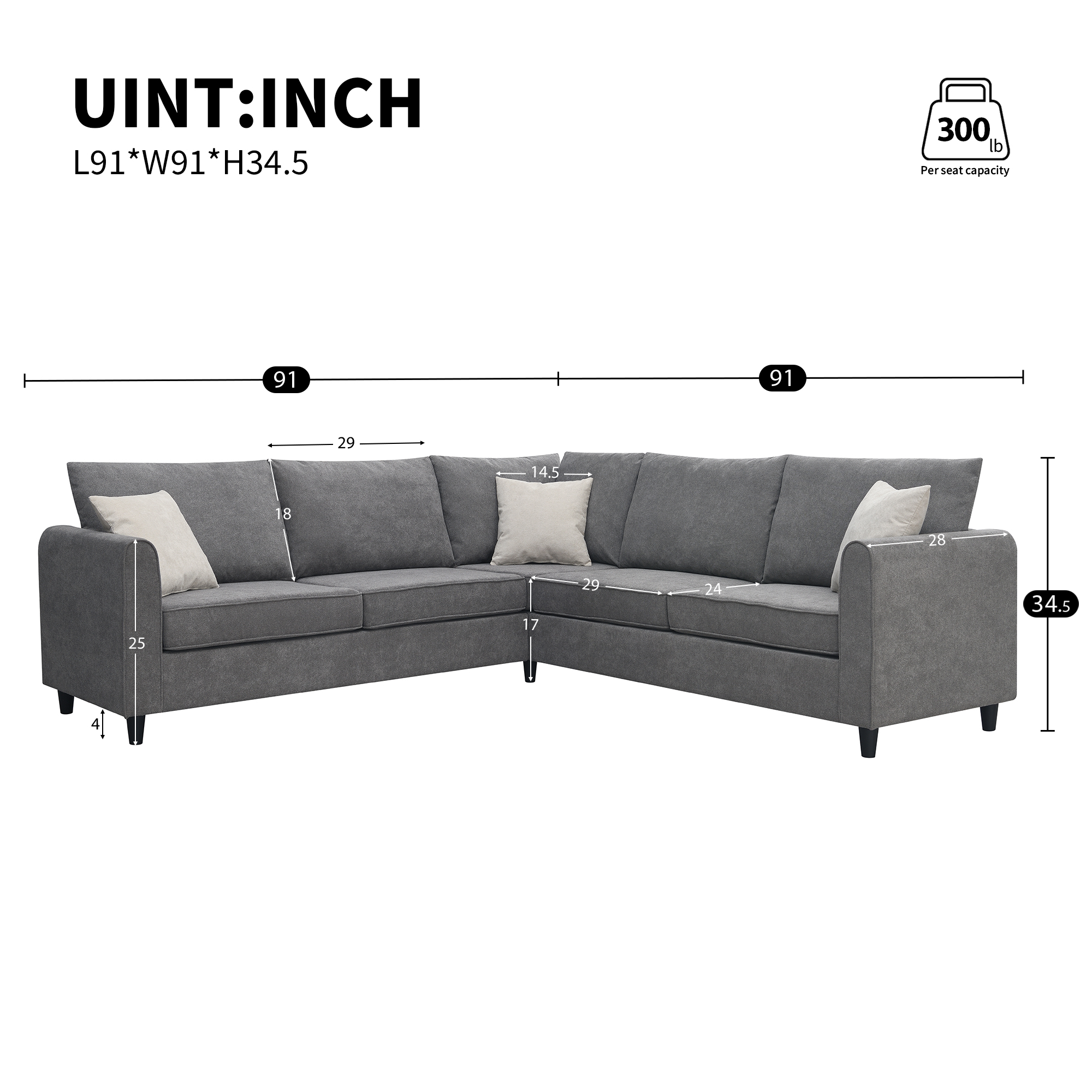 [VIDEO provided] [New] 91*91" Modern Upholstered Living Room Sectional Sofa, L Shape Furniture Couch with 3 Pillows