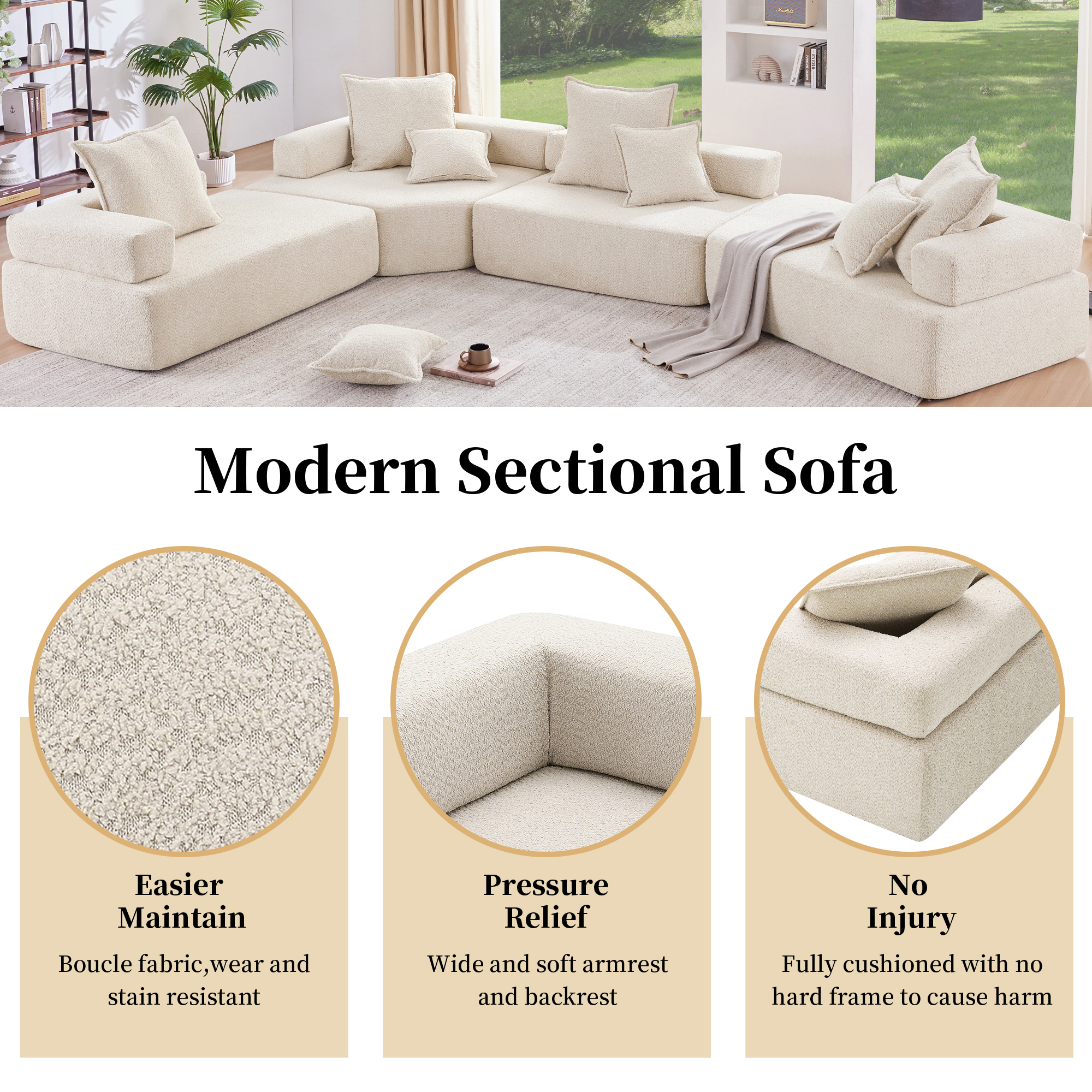 Special-shaped Frame for Oversized Modular U Shaped Sectional Sofa,Luxury Boucle Floor Couch Set,Convertible Sleeper Couch,Spacious Foam-Filled Sofa Bed for Living Room