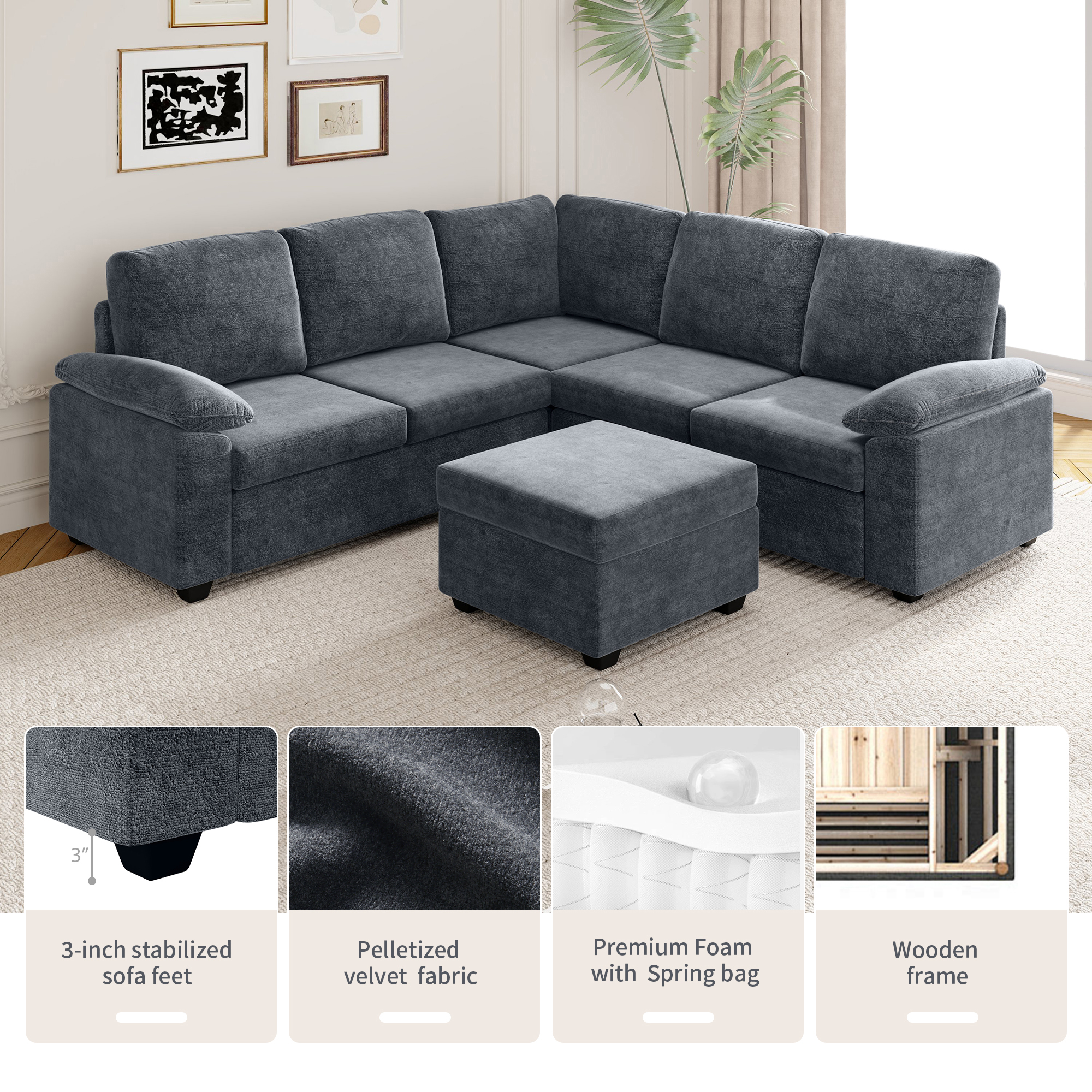 [VIDEO provided] [New] 84*84" Modern Velvet Sectional Sofa Set,Large U Shaped Upholstered Corner Couch with Ottoman,Armrest Pillow,6 Seat Indoor Furniture for Living Room,Apartment,Office,2 Colors