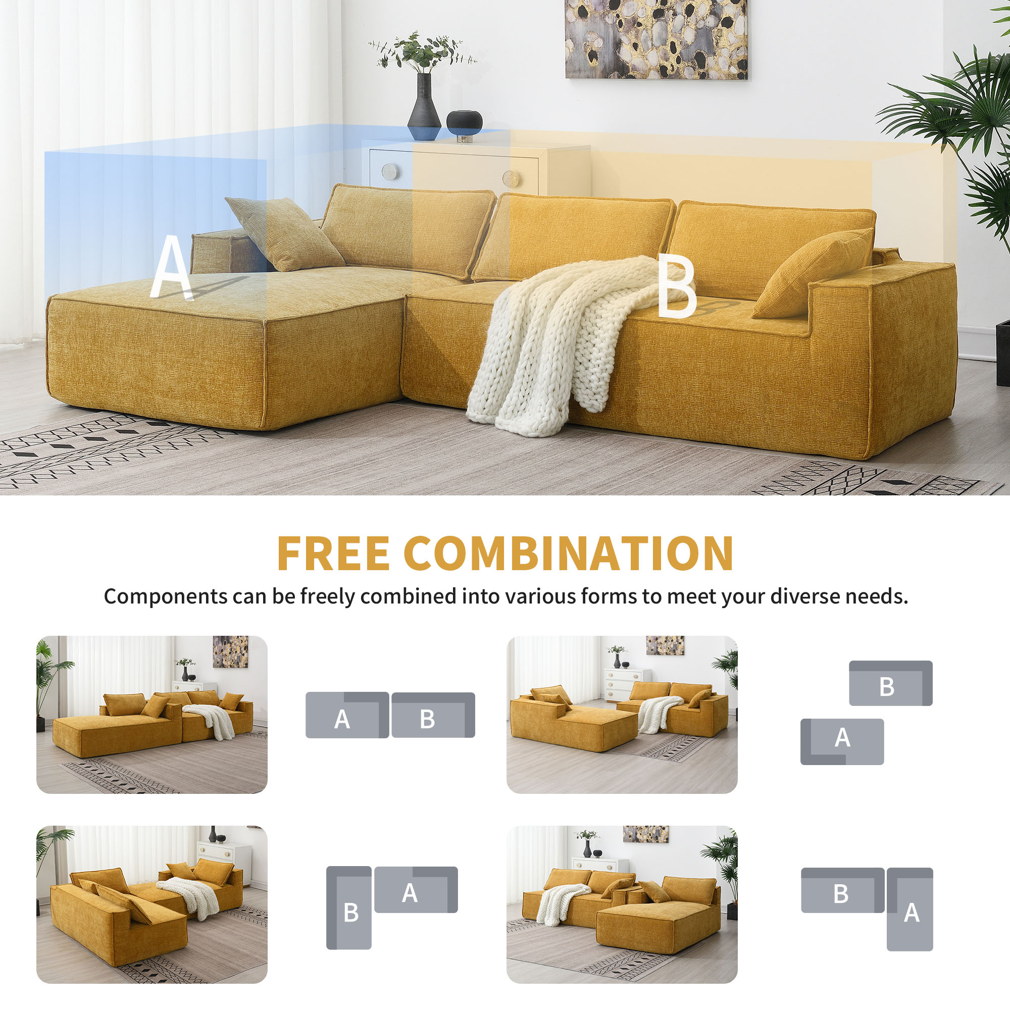 [VIDEO provided][New]111.5*72"Minimalist Style Modular Sectional Sofa,Wrinkle-resistant Chenille Couch Set,L-Shaped Sleeper Sofa Bed for Living Room,2 PIC Free Combination,No Assembly Require,3 Colors