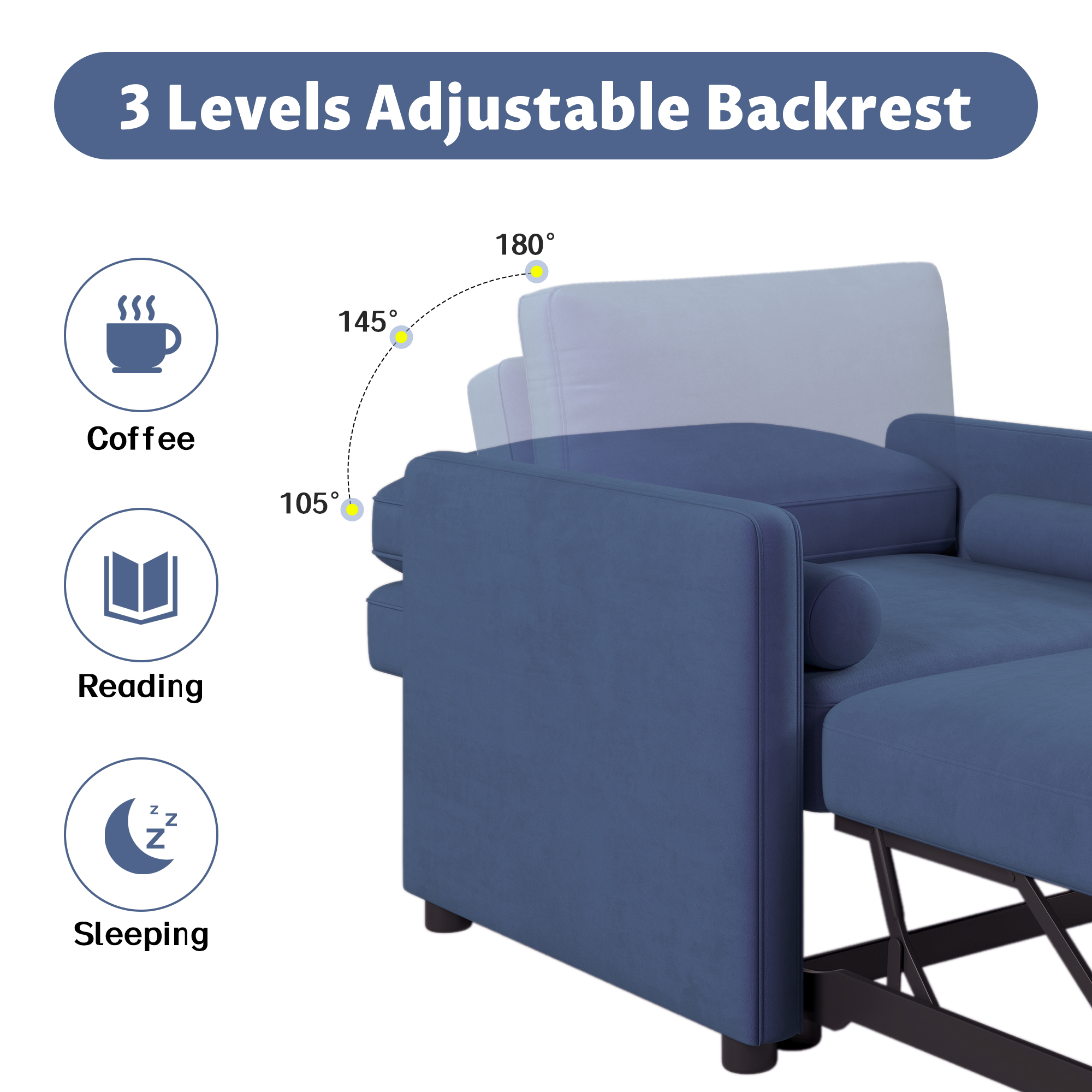 3 in 1 Convertible Sleeper Chair with Adjustable Backrest, Lounger Chair Turns Into Bed, Single Bed for Living Room, Velvet, Ink Blue