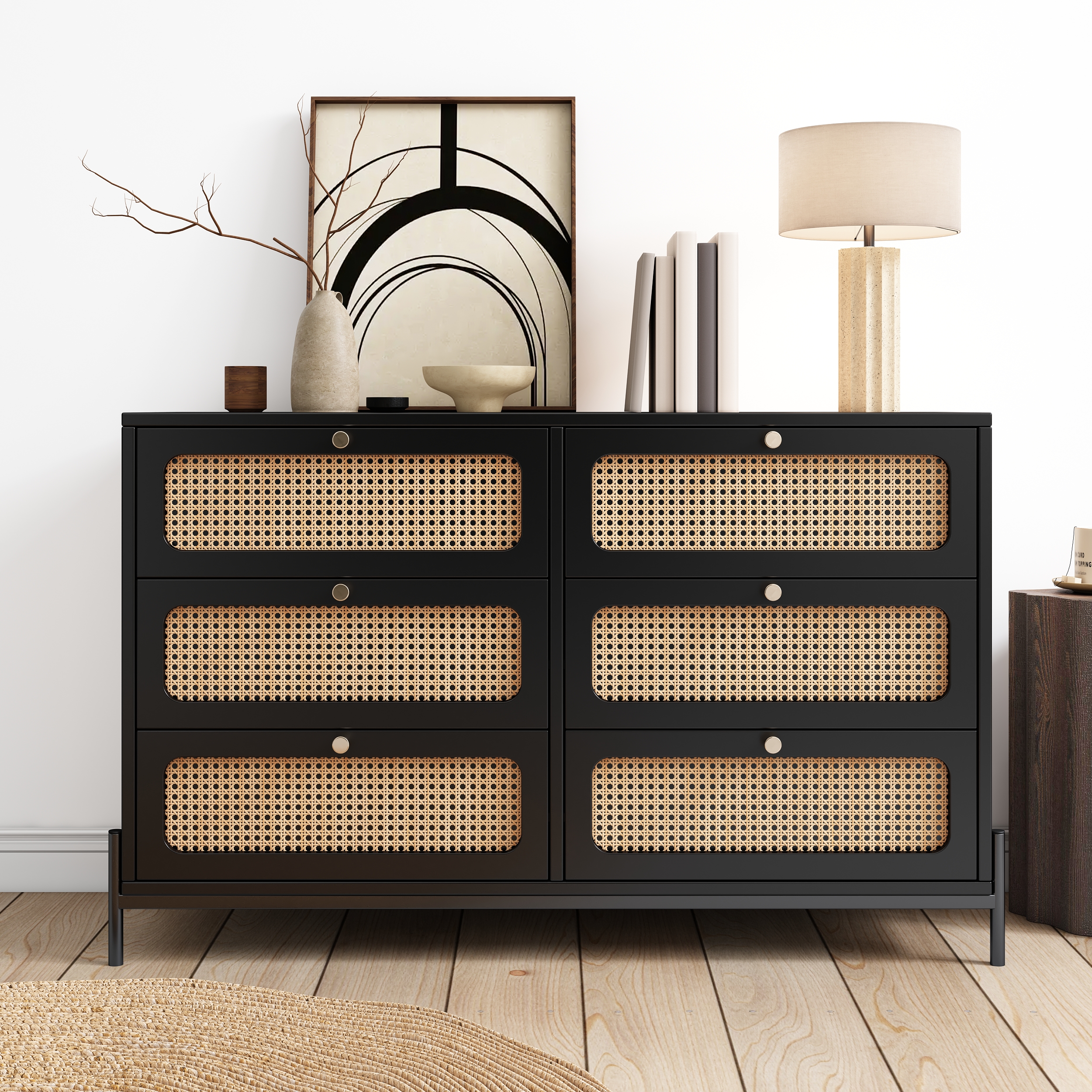 Modern Cannage Rattan Wood Closet 6-Drawer Dresser Wood Storage Cabinet Sideboard for Bedroom, Living Room, Entryway, Hallway, Black (Old SKU:WF303224AAB)