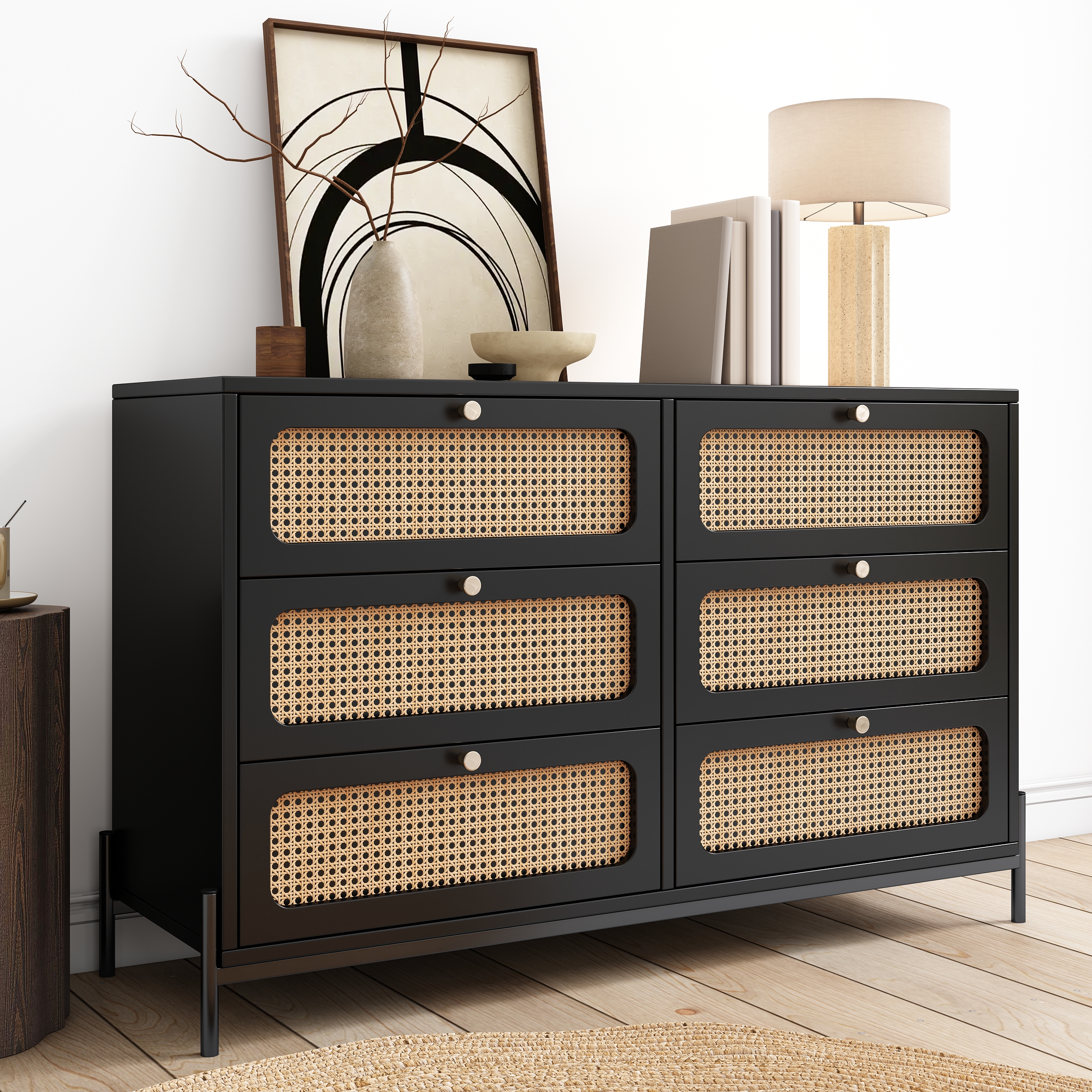 Modern Cannage Rattan Wood Closet 6-Drawer Dresser Wood Storage Cabinet Sideboard for Bedroom, Living Room, Entryway, Hallway, Black (Old SKU:WF303224AAB)