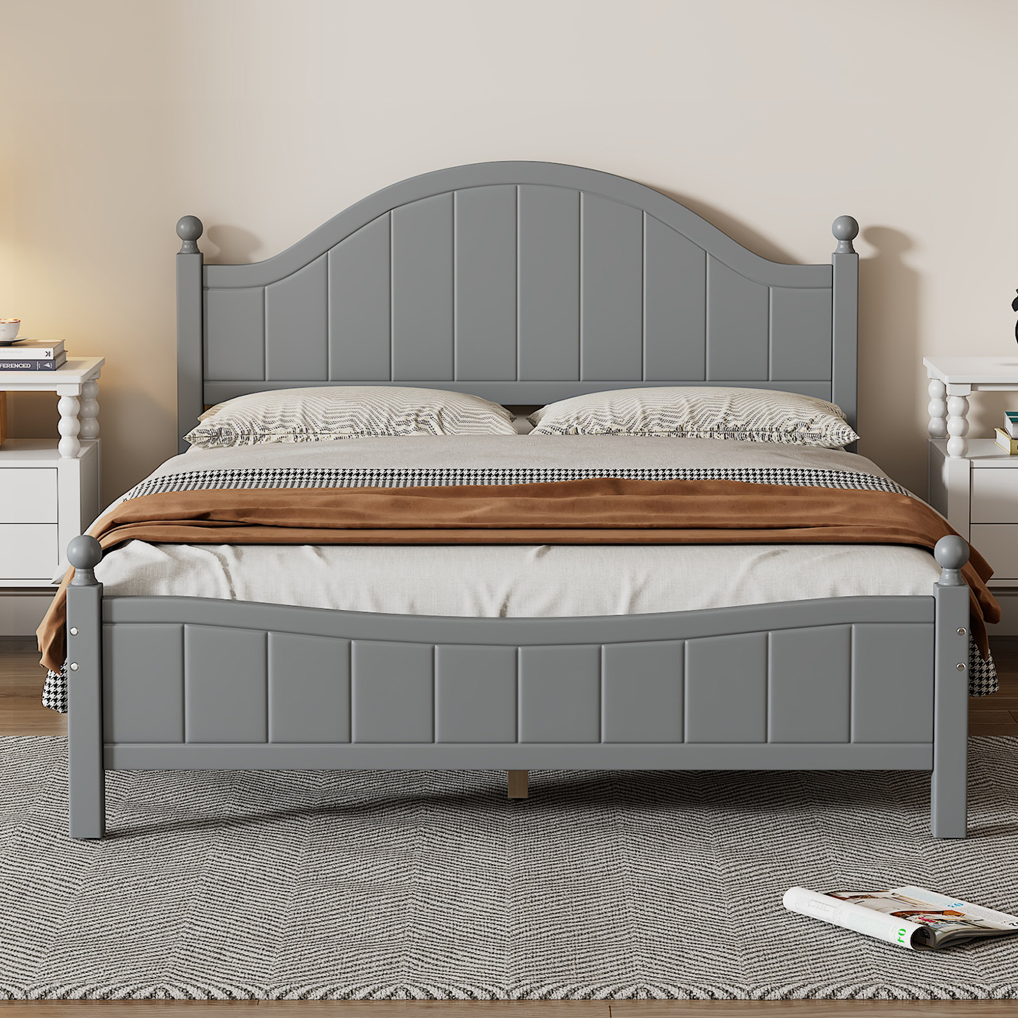 Traditional Concise Style Gray Solid Wood Platform Bed, No Need Box Spring, Queen