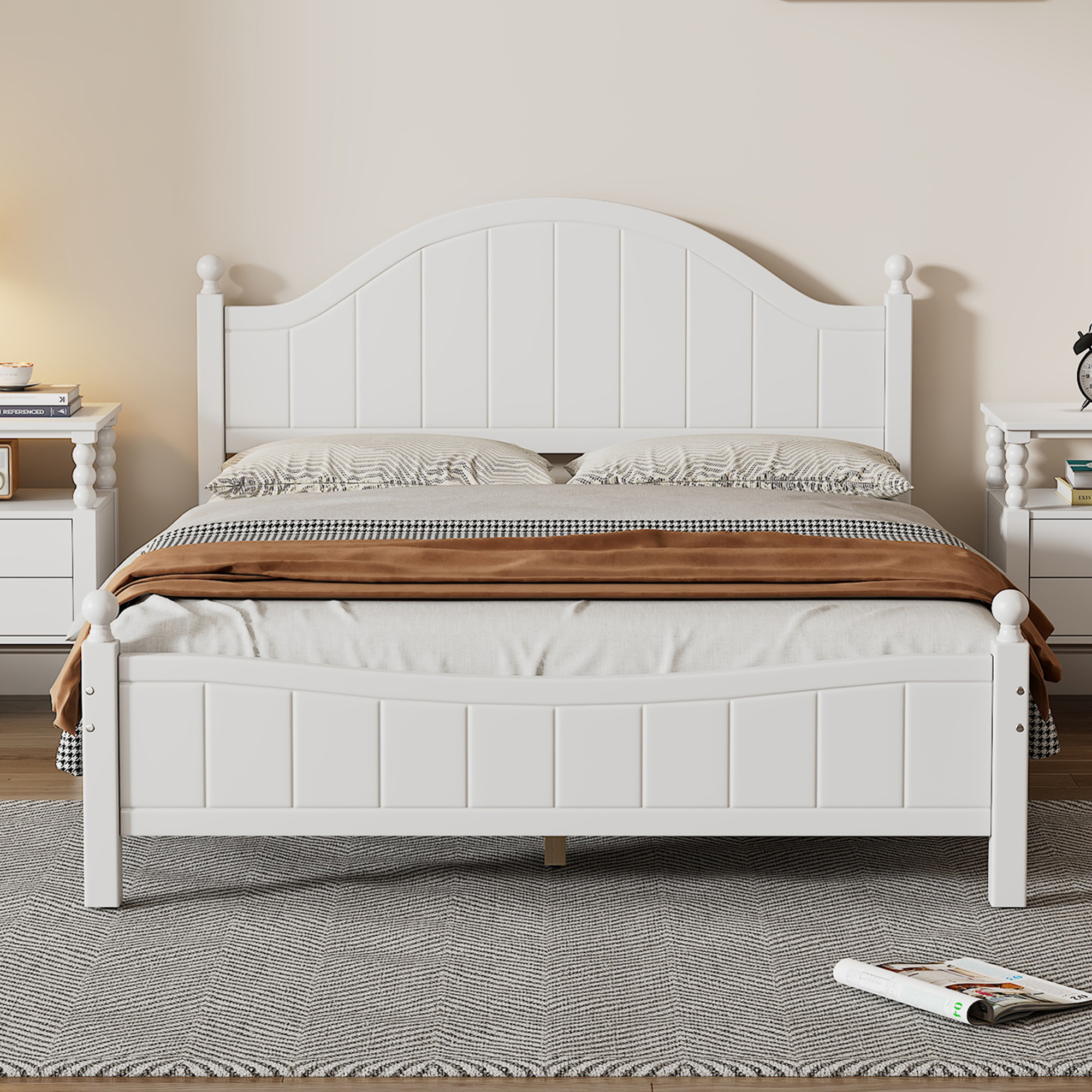 Traditional Concise Style White Solid Wood Platform Bed, No Need Box Spring, Queen(old sku:WF306306AAA)