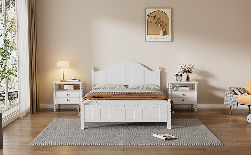 Traditional Concise Style White Solid Wood Platform Bed, No Need Box Spring, Queen(old sku:WF306306AAA)