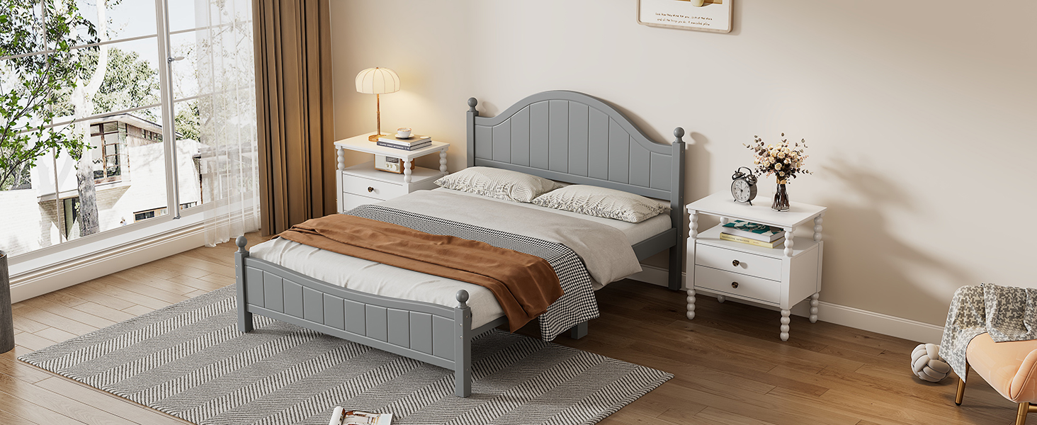 Traditional Concise Style Gray Solid Wood Platform Bed, No Need Box Spring, Queen