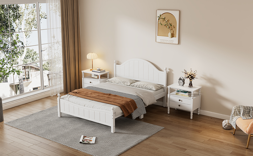 Traditional Concise Style White Solid Wood Platform Bed, No Need Box Spring, Queen(old sku:WF306306AAA)