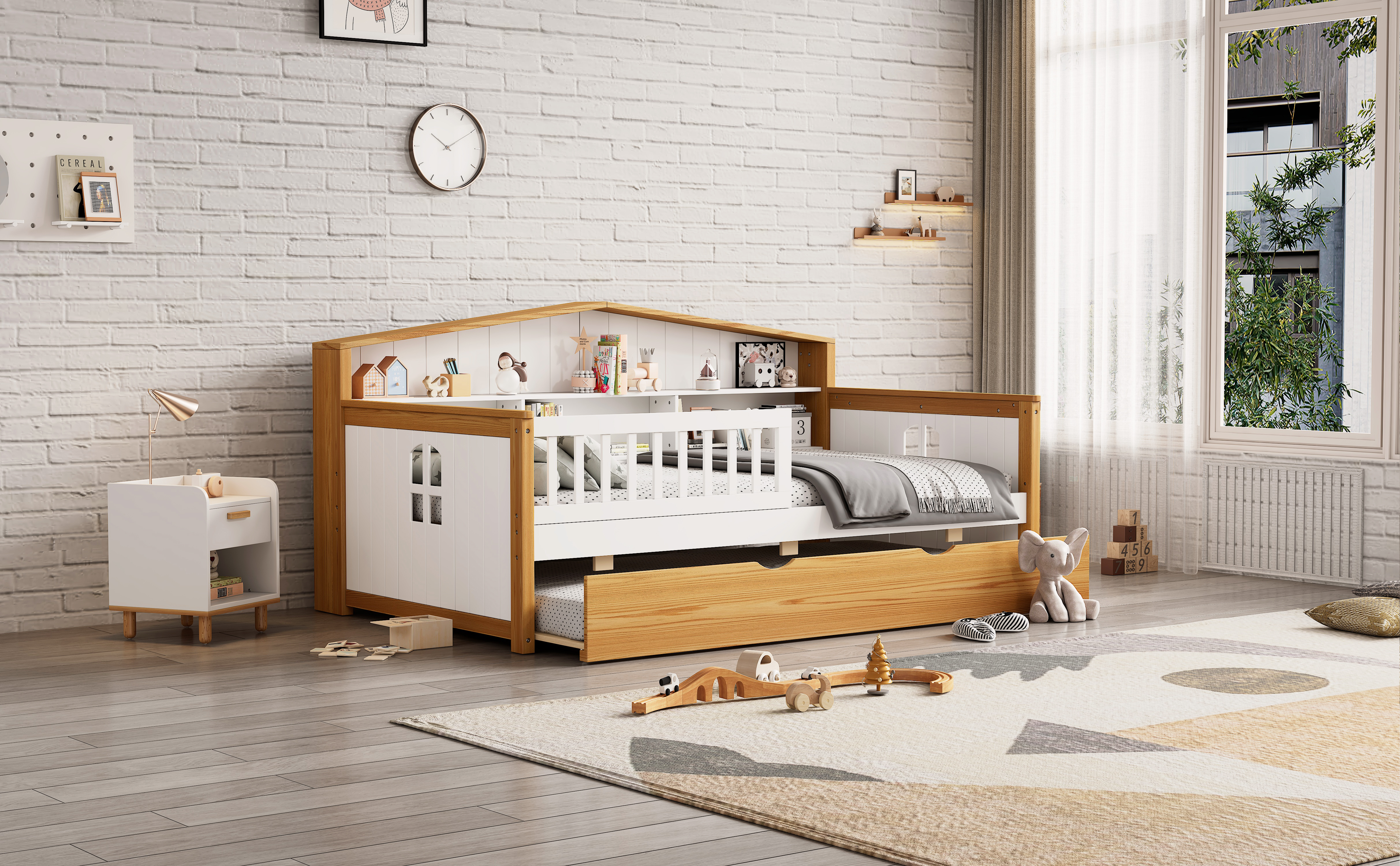 Twin Size House Shape Daybed with Trundle and Bookcase Headboard  Wooden  Bed for Girls Boys Teens, No Box Spring Needed, Walnut and White