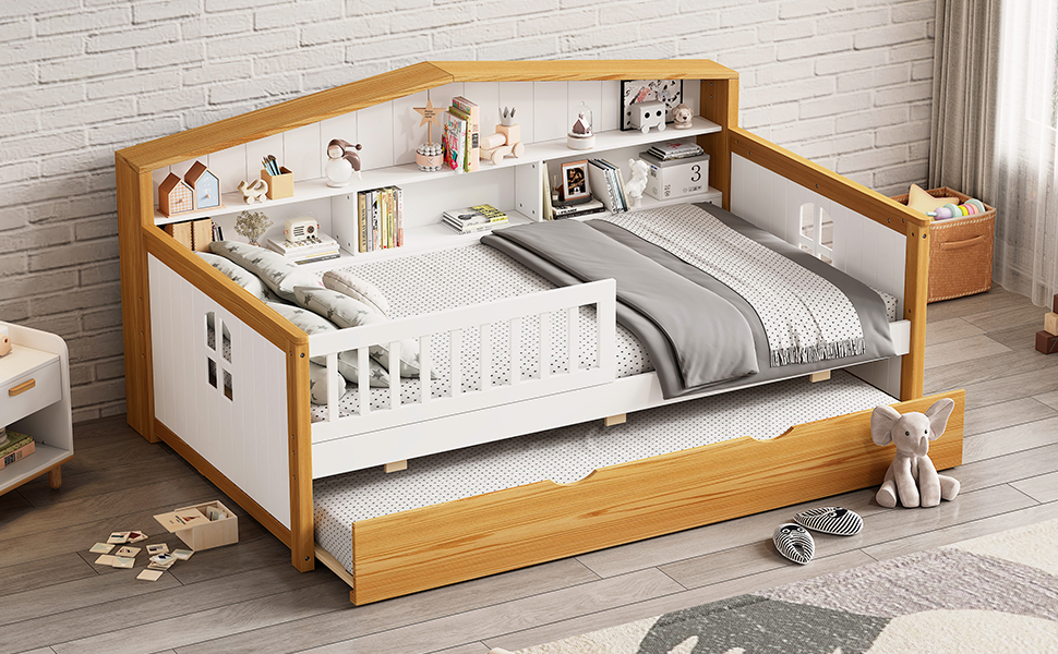 Twin Size House Shape Daybed with Trundle and Bookcase Headboard  Wooden  Bed for Girls Boys Teens, No Box Spring Needed, Walnut and White