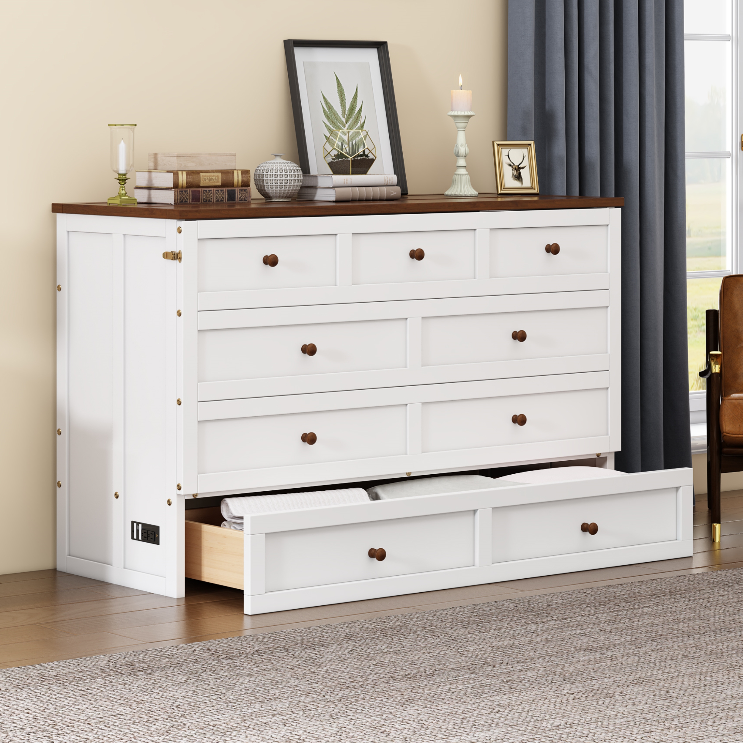 Solid Pine Murphy Bed Chest with Charging Station and Large Storage Drawer for Home Office or Small Room , Queen, White+Walnut