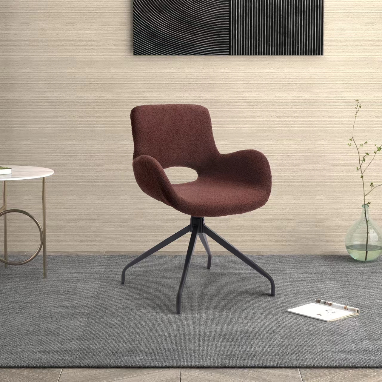 TS Teddy Velvet Upholstered Chair with Metal Legs,Modern Accent Without Wheels, Home Office Chair Desk Chair Computer Task Chair with 360 Degree Rotating for Office Bedroom Living Room,Dark Brown