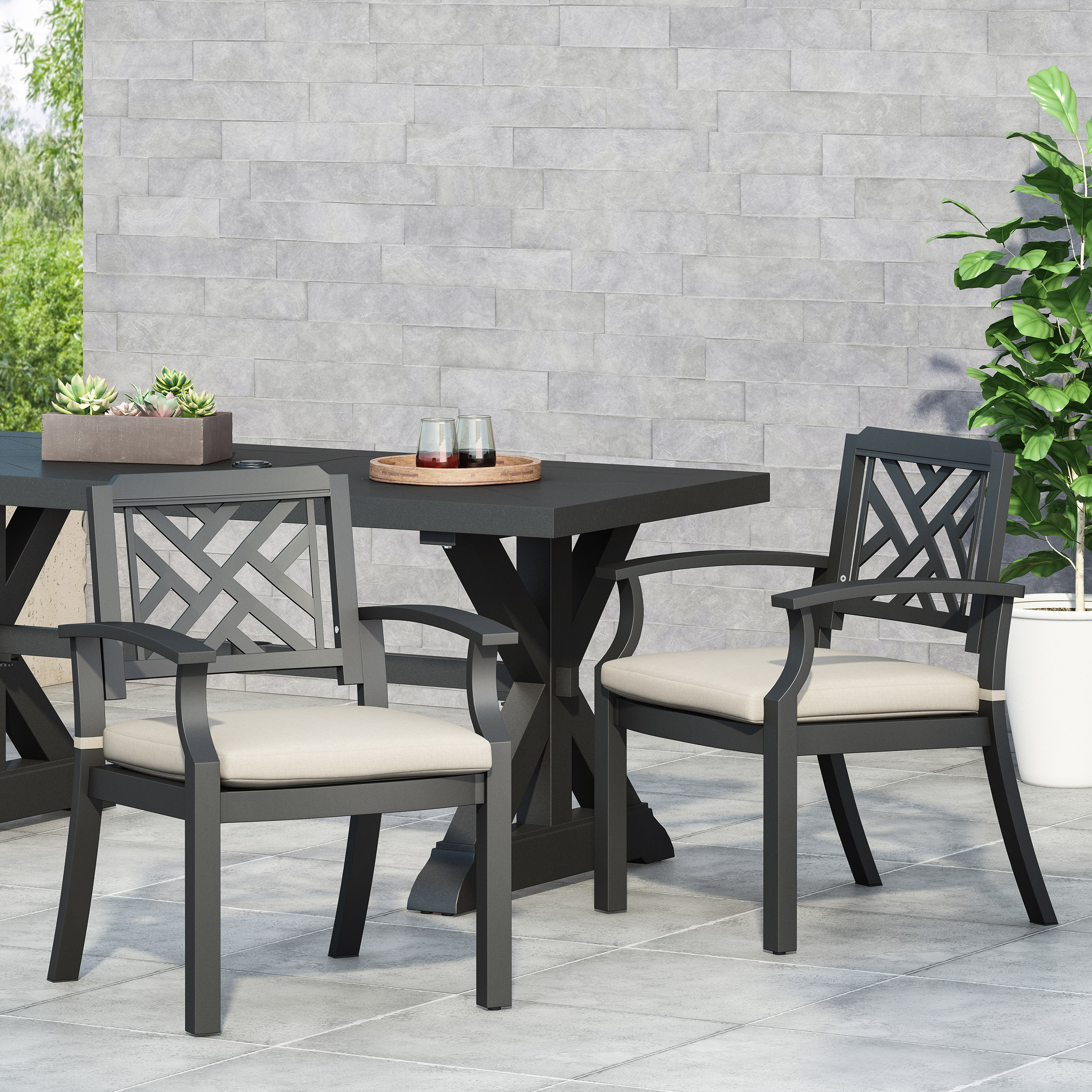 Outdoor Dining Chairs, Light Beige + Antique Matte Black (Set of 2)