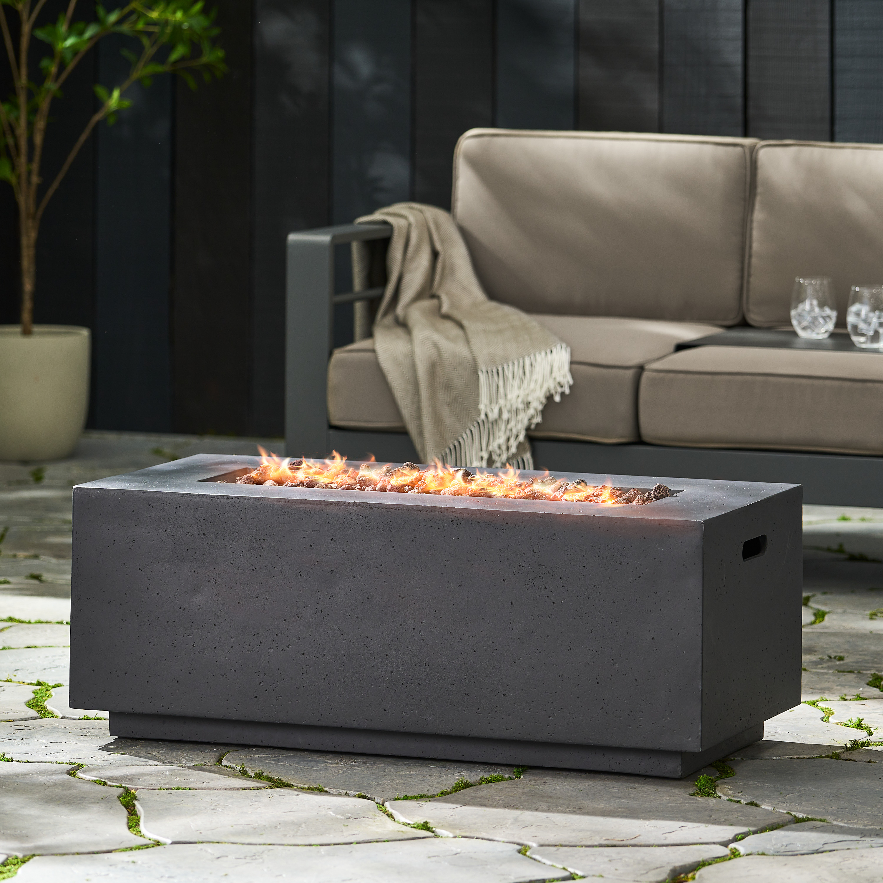 40" Outdoor 40,000 BTU Rectangular MgO Concrete Propane Fire Pit, Light Grey (Tank Cover not Included)