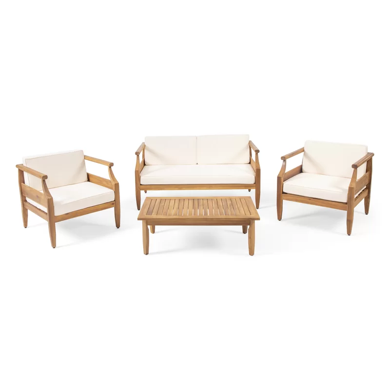 Aston Outdoor Mid-Century Modern Cushioned Acacia 4-seat Chat Set Loveseat & Coffee Table & Club Chair - Teak Finish + Cream Cushion