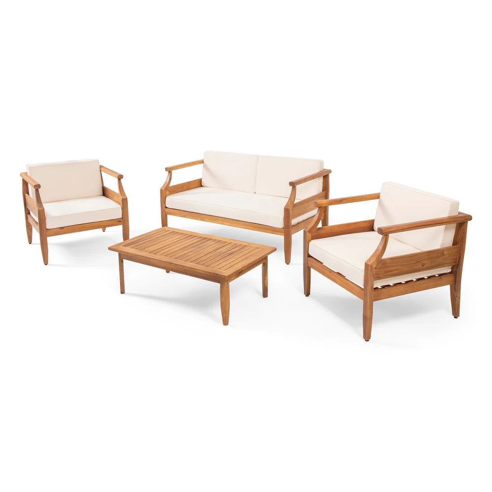 Aston Outdoor Mid-Century Modern Cushioned Acacia 4-seat Chat Set Loveseat & Coffee Table & Club Chair - Teak Finish + Cream Cushion