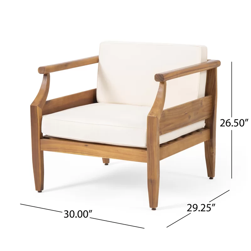 Aston Outdoor Mid-Century Modern Cushioned Acacia 4-seat Chat Set Loveseat & Coffee Table & Club Chair - Teak Finish + Cream Cushion