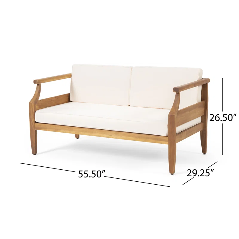 Aston Outdoor Mid-Century Modern Cushioned Acacia 4-seat Chat Set Loveseat & Coffee Table & Club Chair - Teak Finish + Cream Cushion