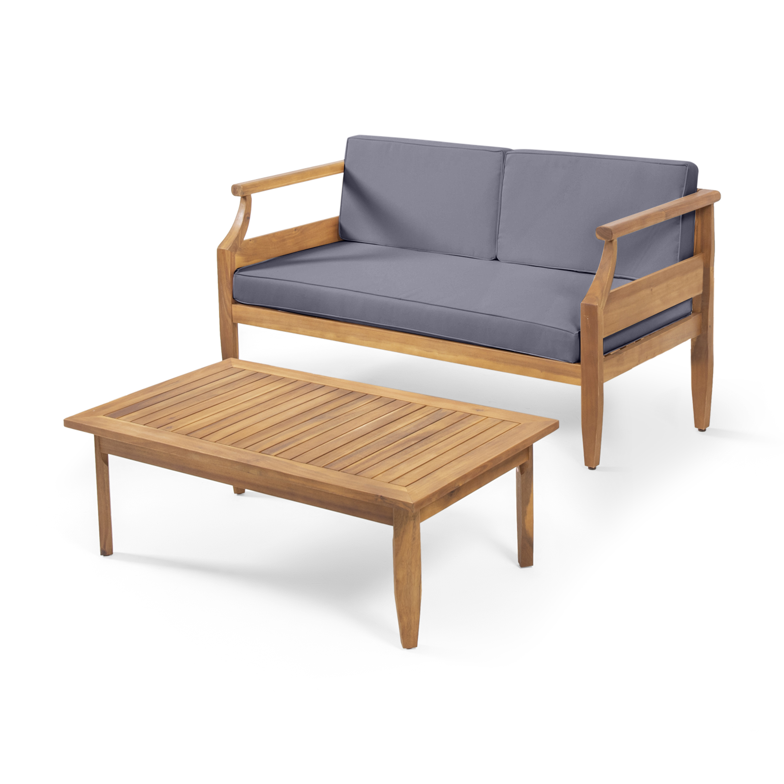 Aston Acacia Wood Outdoor Loveseat Set_Loveseat&Coffee Table  - Teak Finish + Dark Gray Cushion