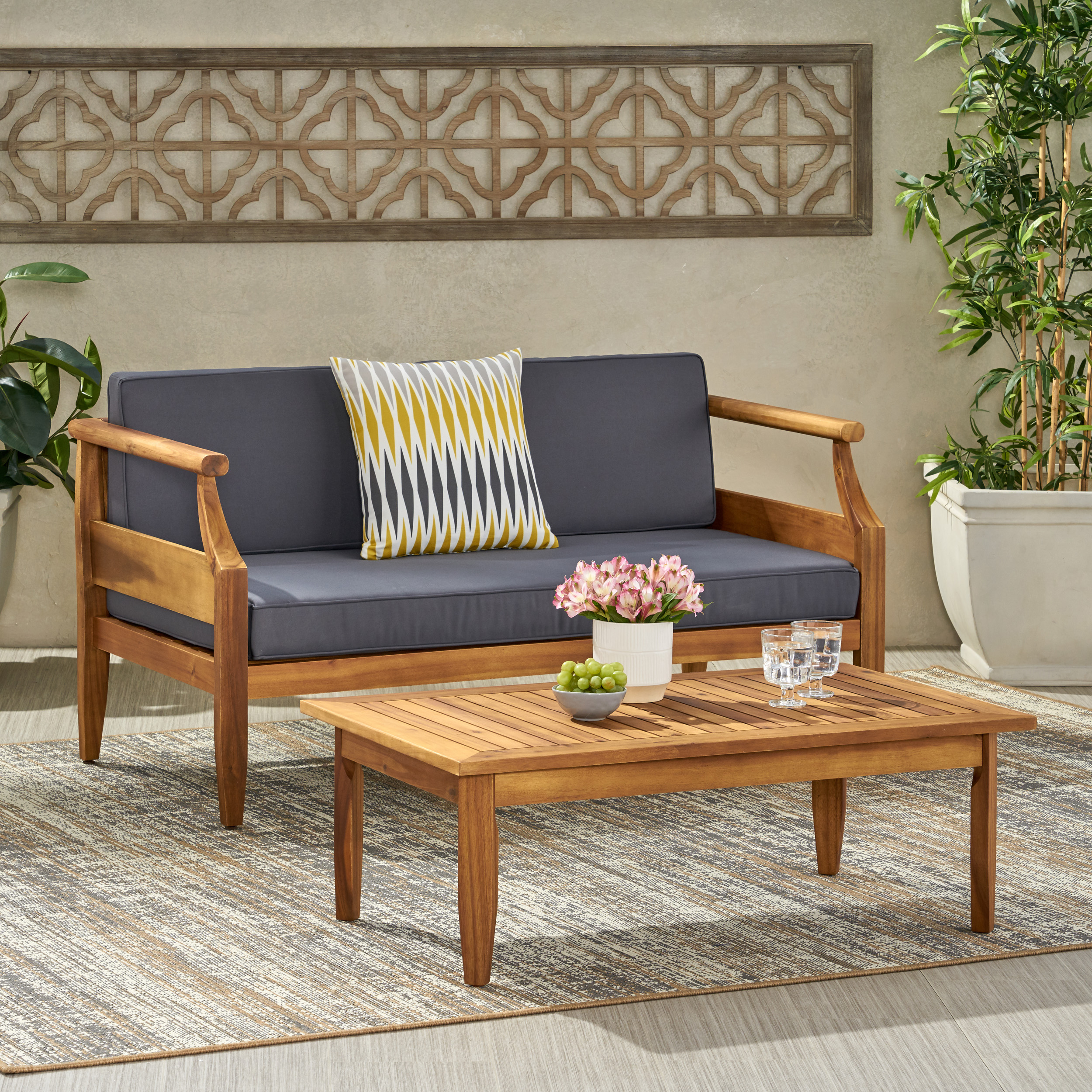 Aston Acacia Wood Outdoor Loveseat Set_Loveseat&Coffee Table  - Teak Finish + Dark Gray Cushion