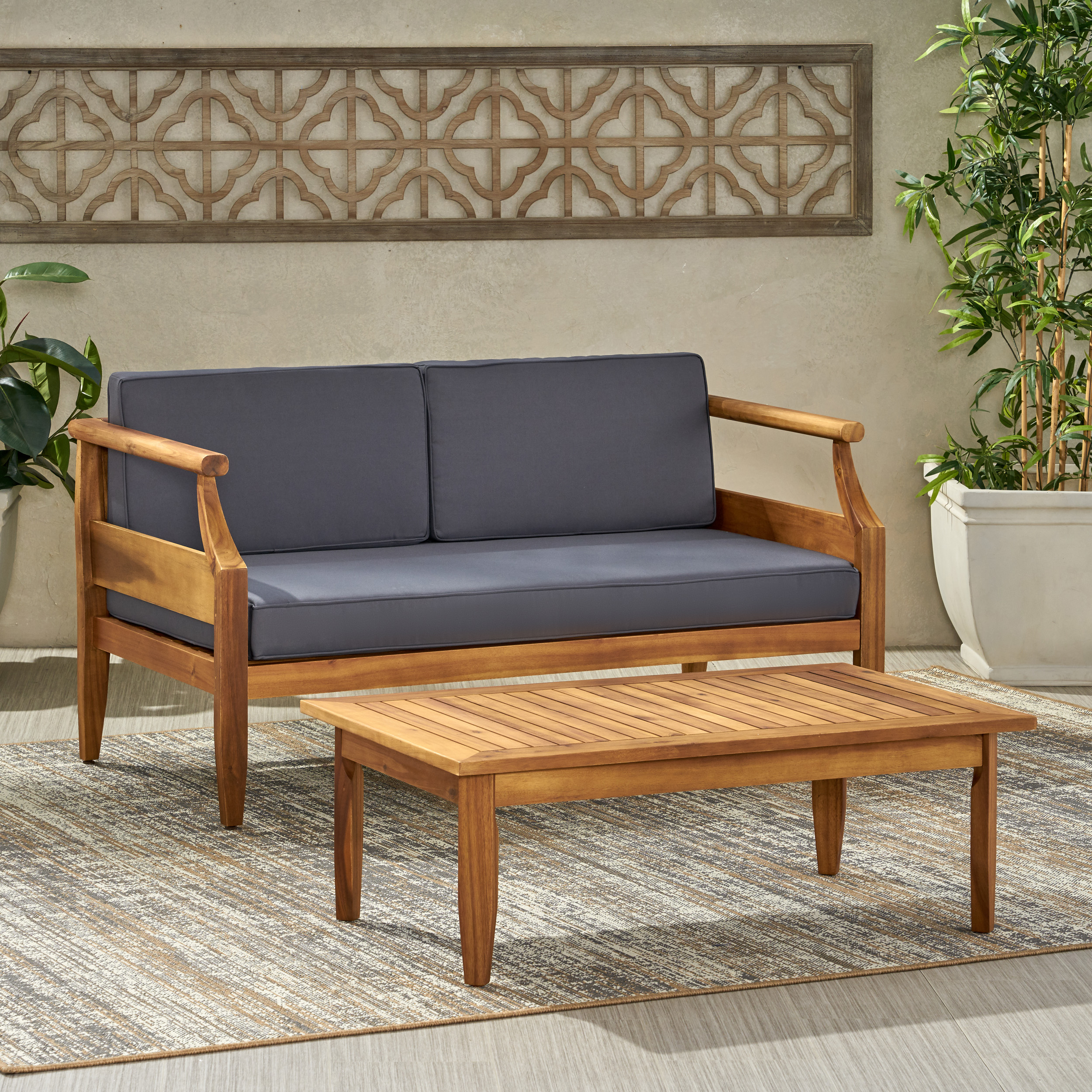 Aston Acacia Wood Outdoor Loveseat Set_Loveseat&Coffee Table  - Teak Finish + Dark Gray Cushion