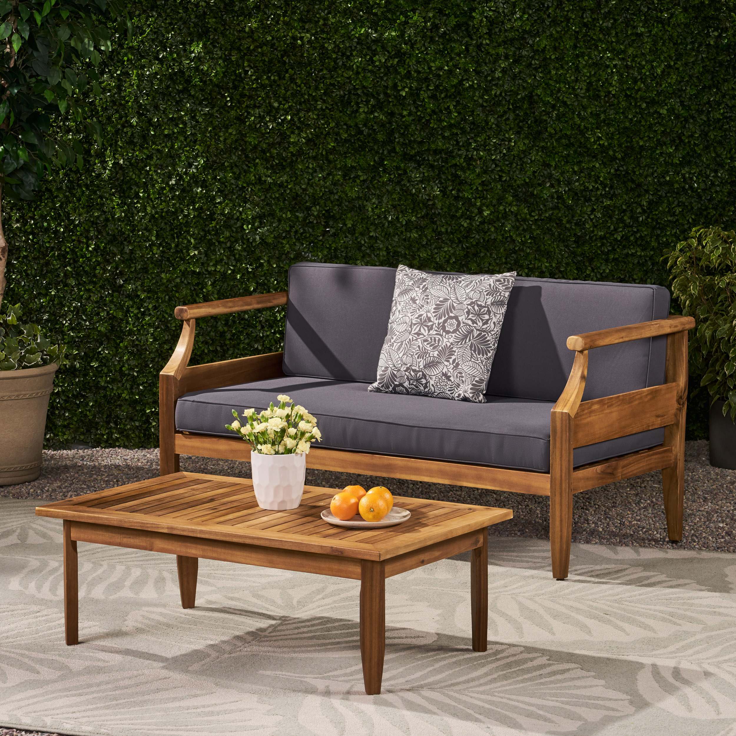 Aston Acacia Wood Outdoor Loveseat Set_Loveseat&Coffee Table  - Teak Finish + Dark Gray Cushion