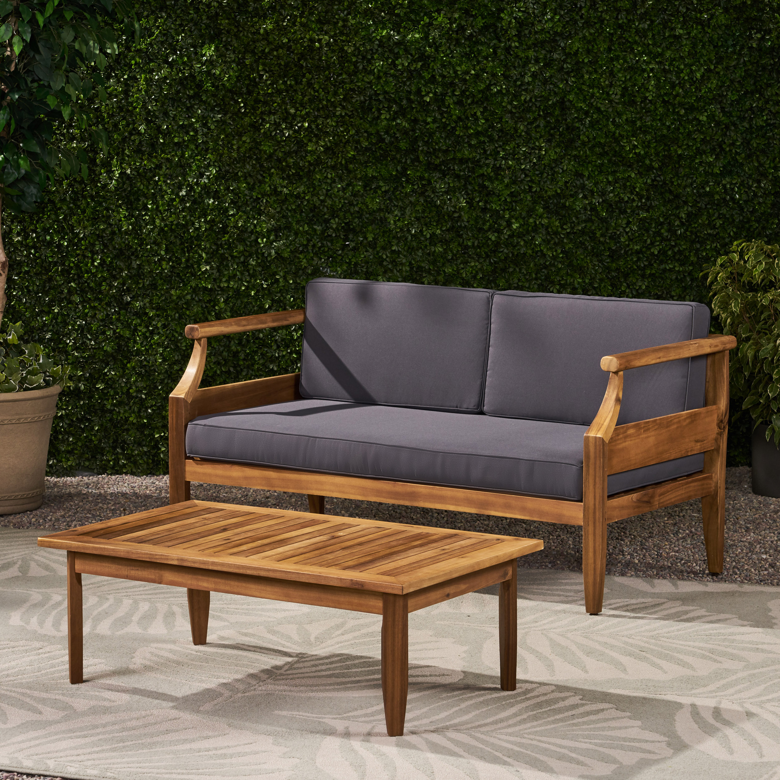 Aston Acacia Wood Outdoor Loveseat Set_Loveseat&Coffee Table  - Teak Finish + Dark Gray Cushion